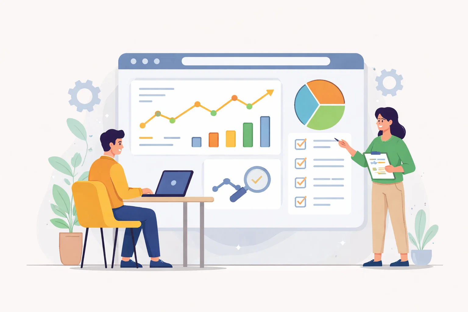 Flat illustration of analytics, website growth signals and evidence-led optimisation