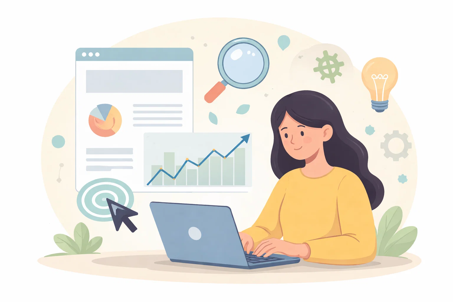Flat illustration of analytics, website growth signals and evidence-led optimisation