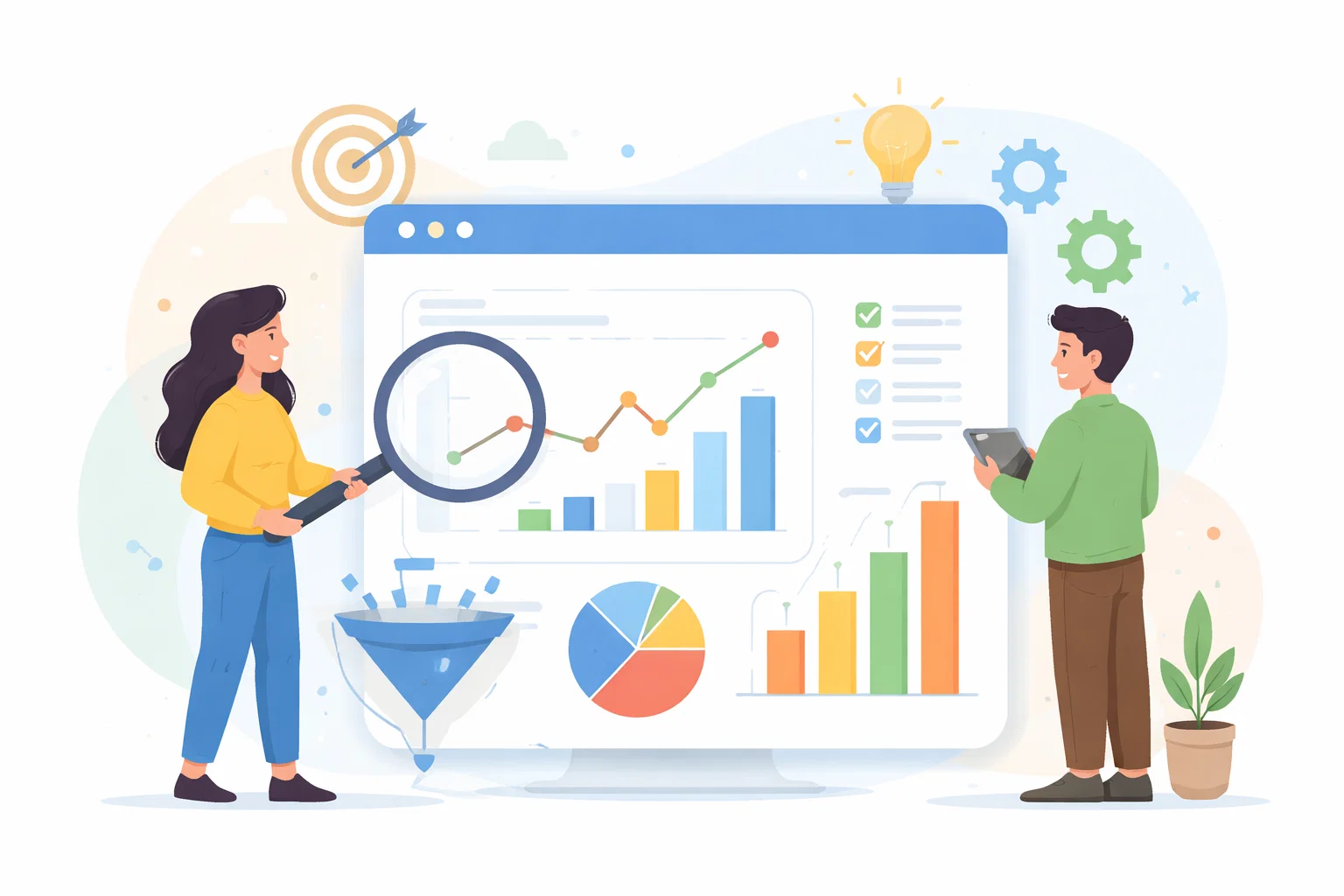 Flat illustration of analytics, website growth signals and evidence-led optimisation