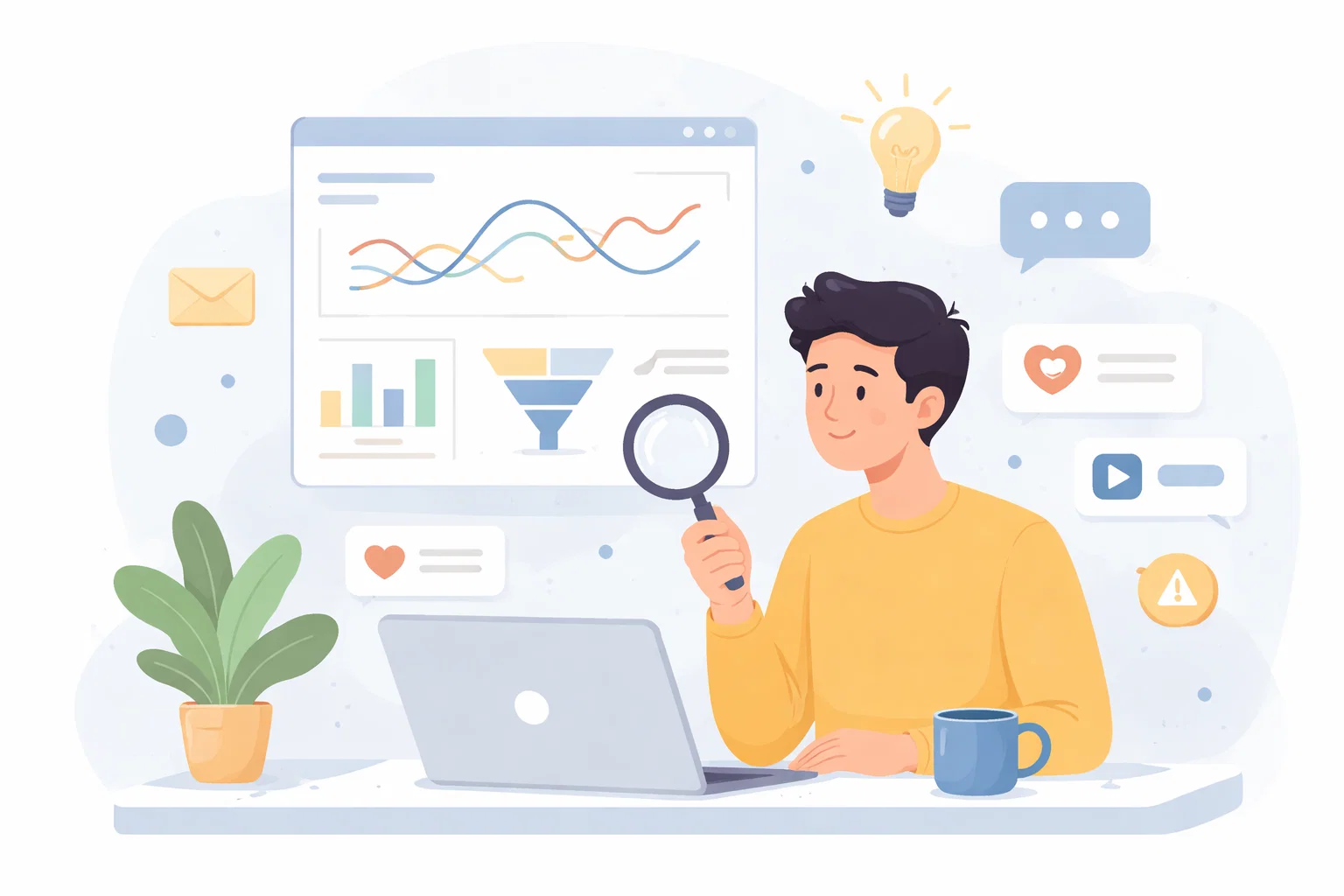 Flat illustration of analytics, website growth signals and evidence-led optimisation
