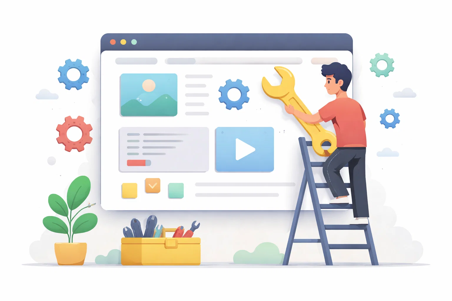 Flat illustration of a website audit with notes, fixes and improvement markers