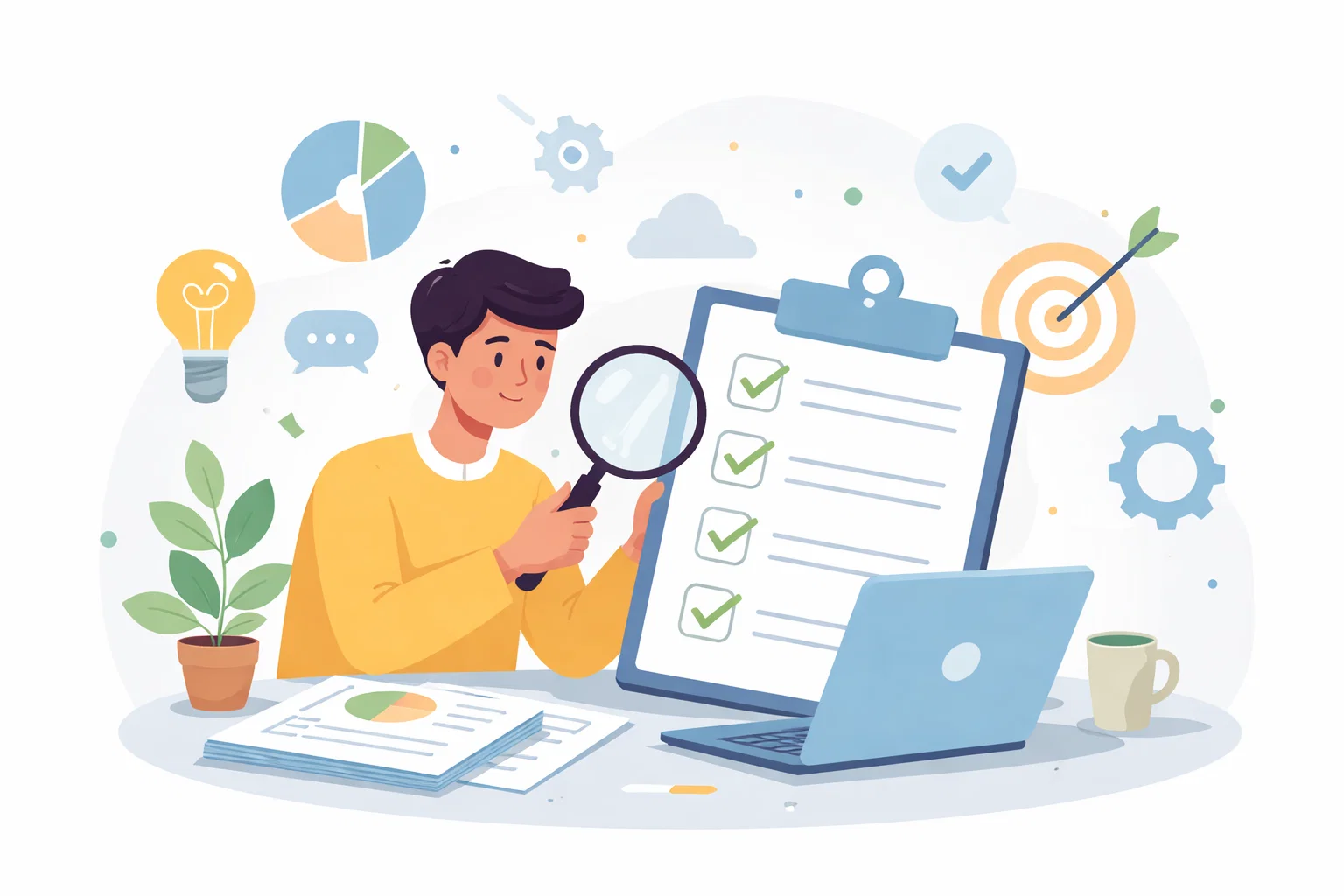 Flat illustration of a website audit with notes, fixes and improvement markers