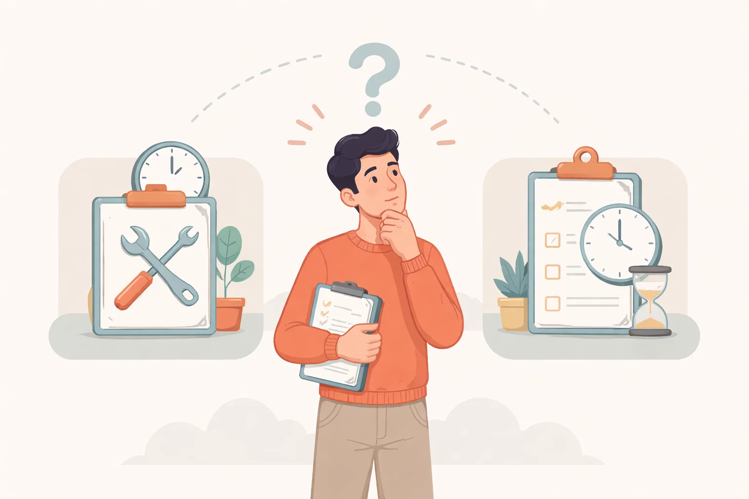 Flat illustration of a website audit with notes, fixes and improvement markers