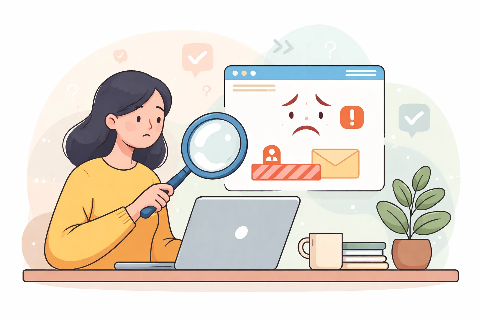 Flat illustration of a website audit with notes, fixes and improvement markers