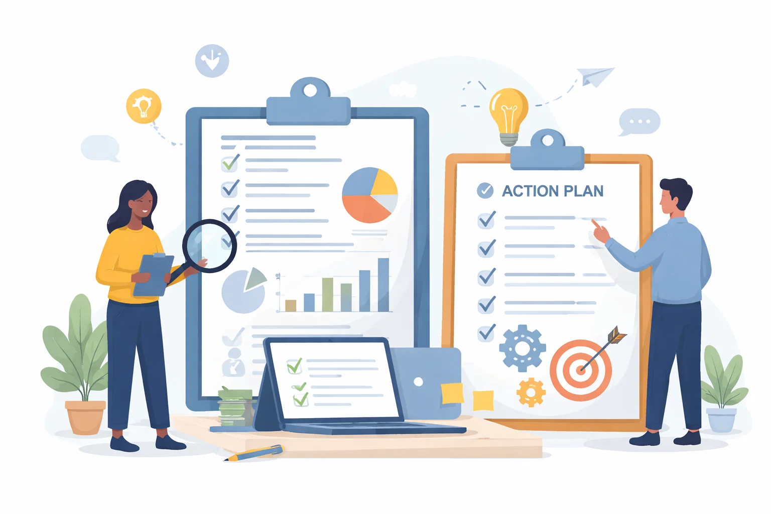 Flat illustration of a website audit with notes, fixes and improvement markers