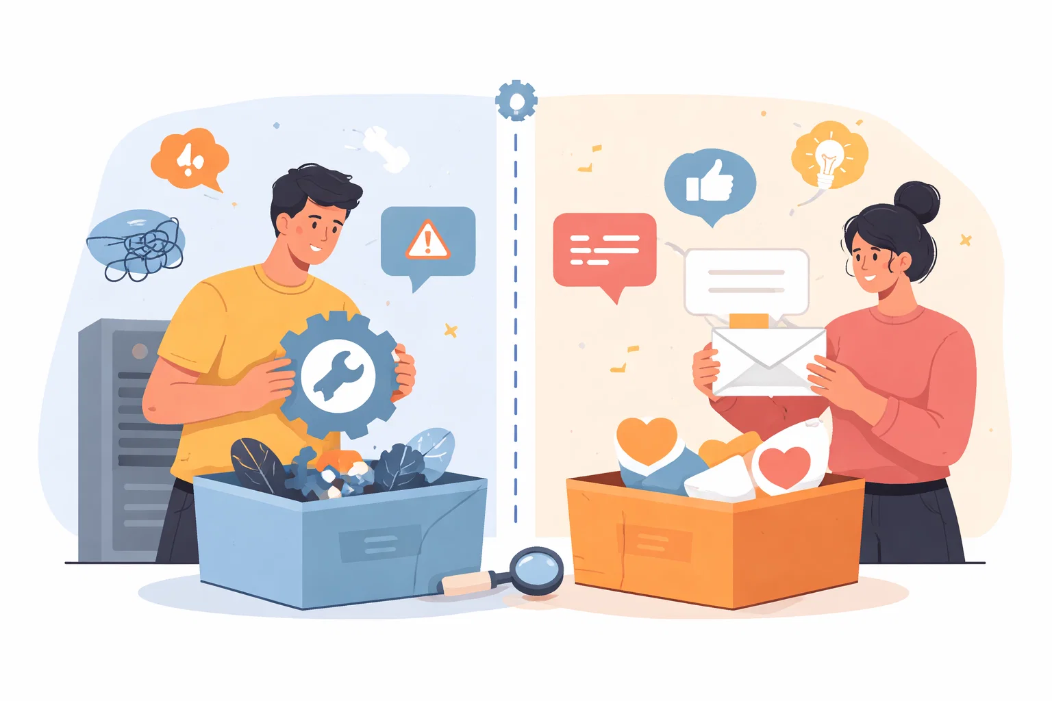 Flat illustration of a website audit with notes, fixes and improvement markers