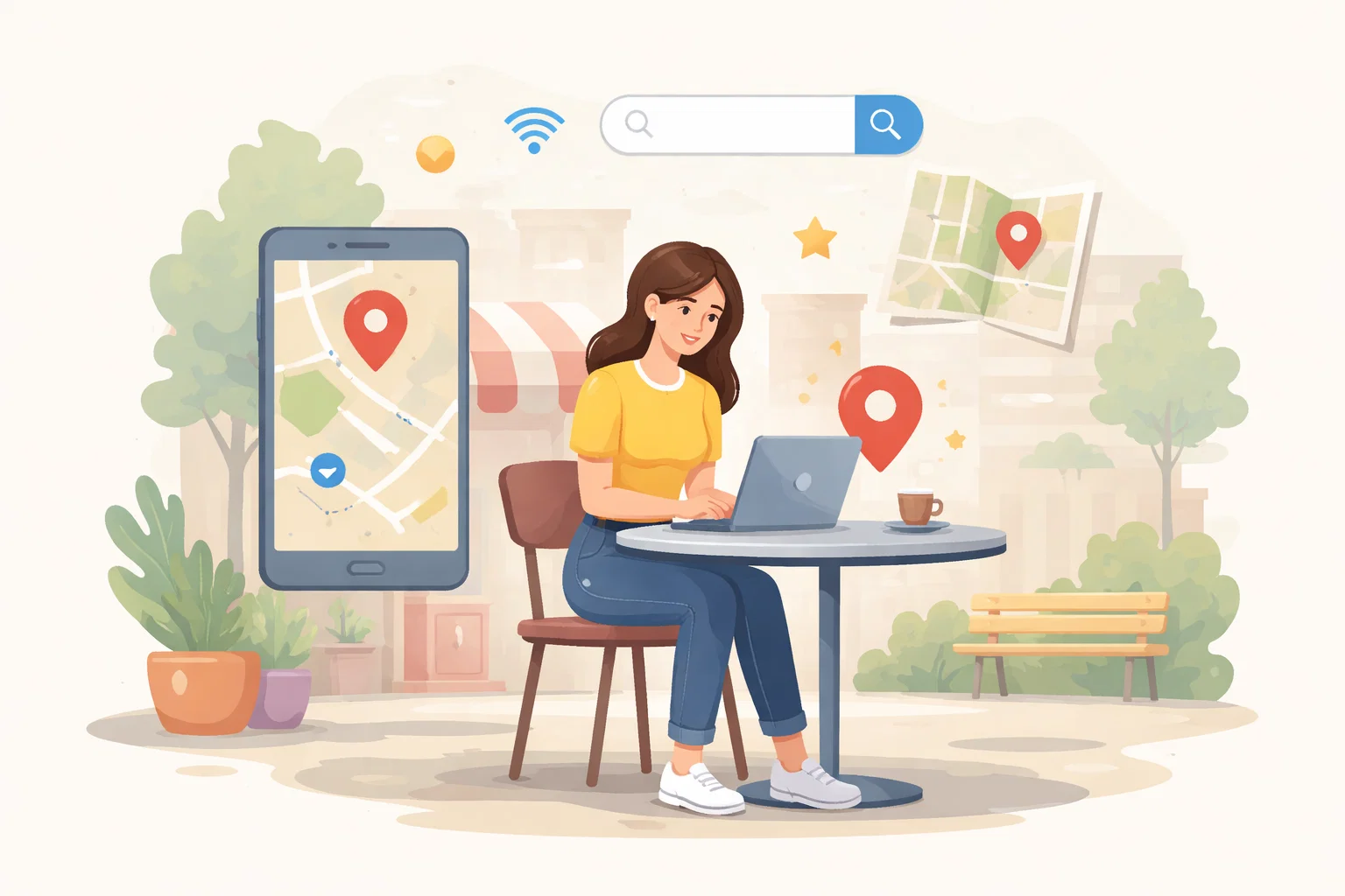 Flat illustration of local search research, map visibility and Google-focused optimisation