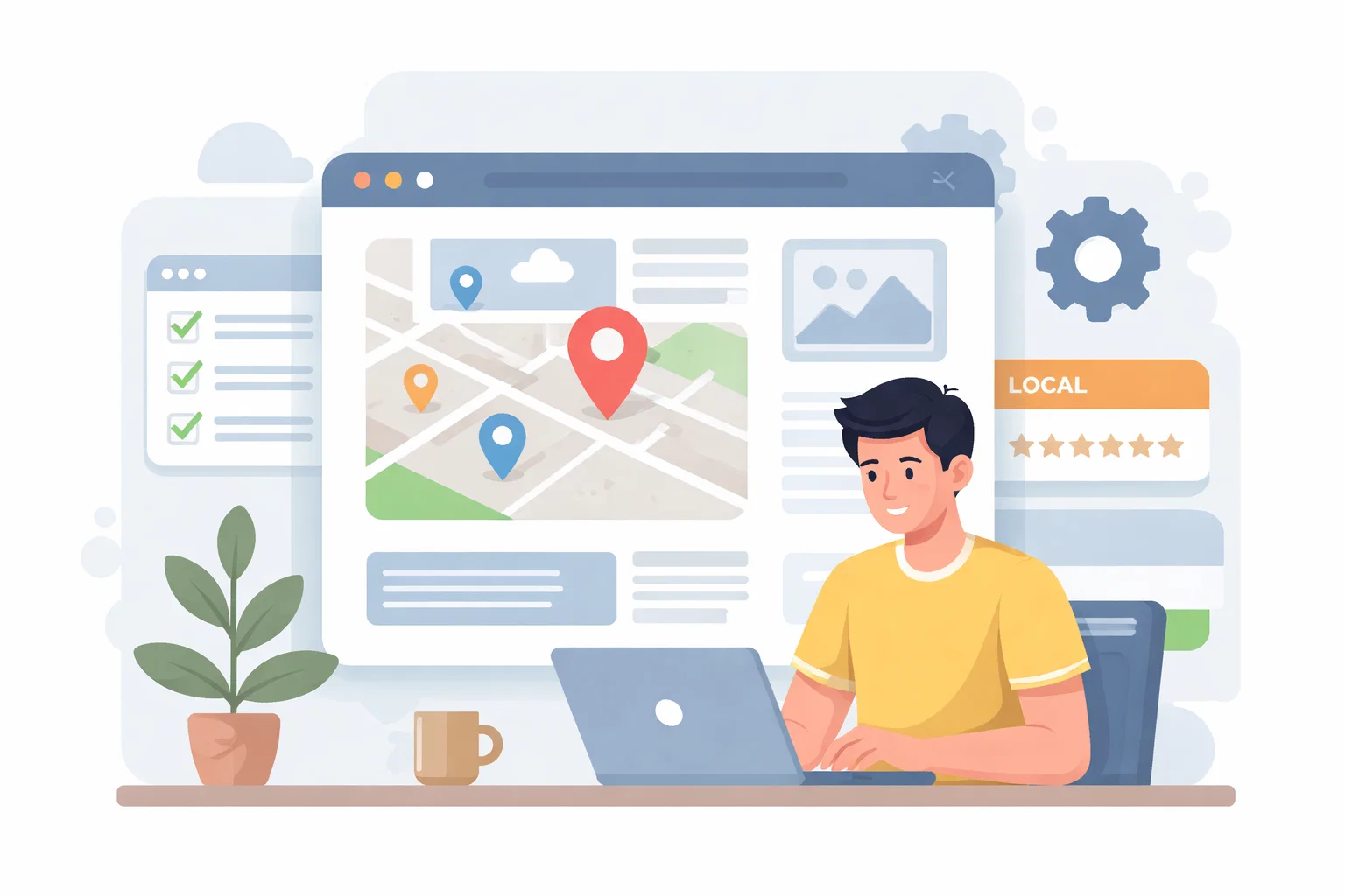 Flat illustration of local search research, map visibility and Google-focused optimisation