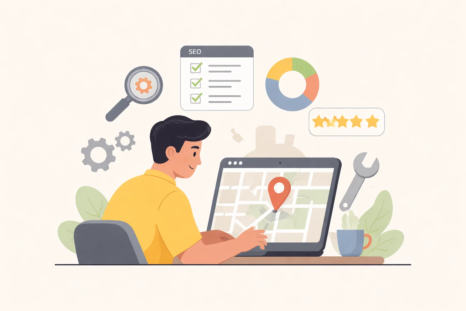 Flat illustration of local search research, map visibility and Google-focused optimisation