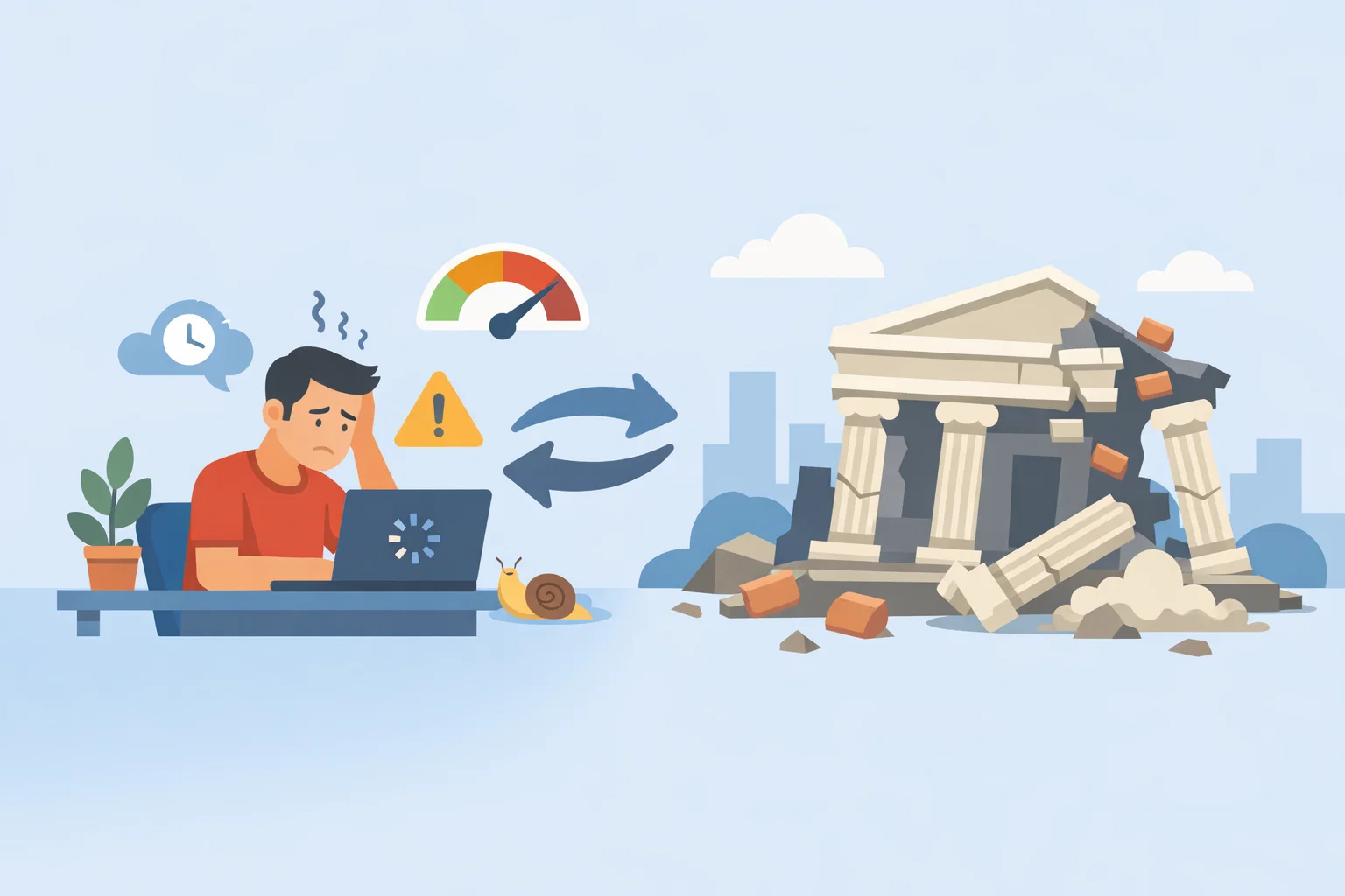 Flat illustration of website performance checks, speed improvements and technical fixes