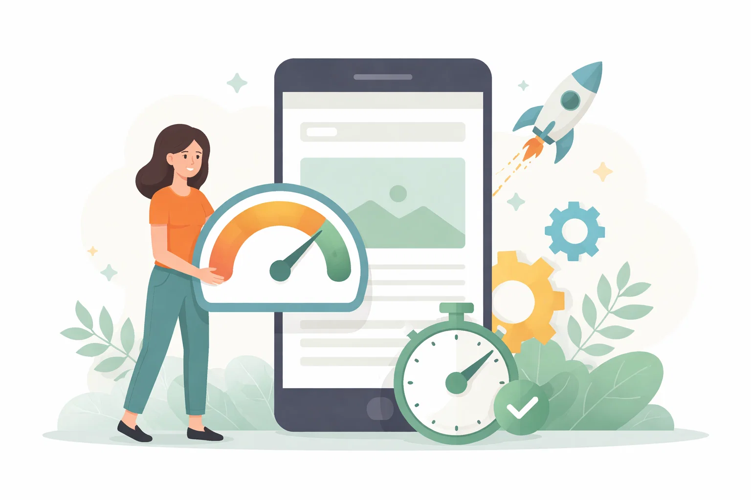 Flat illustration of website performance checks, speed improvements and technical fixes