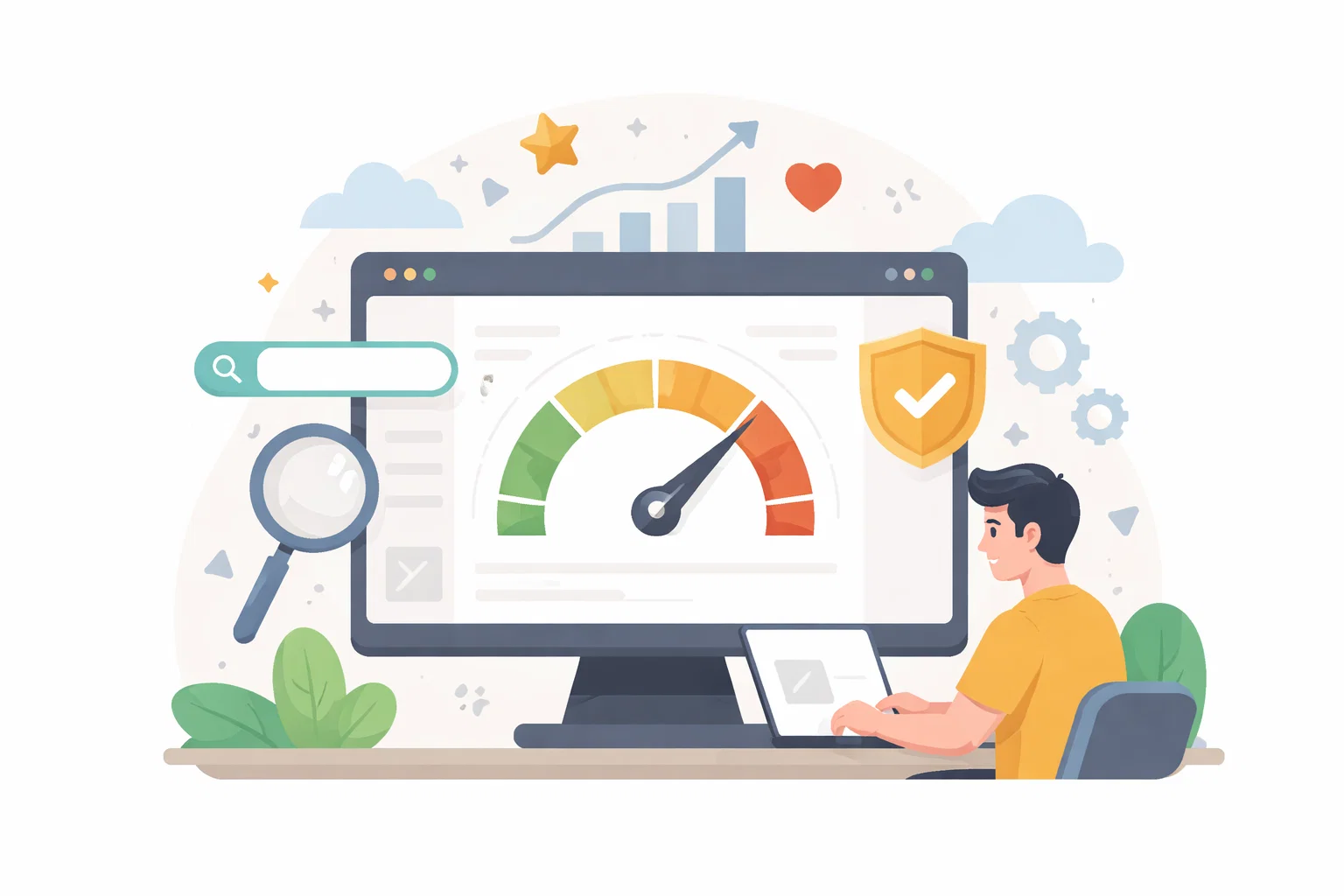 Flat illustration of website performance checks, speed improvements and technical fixes