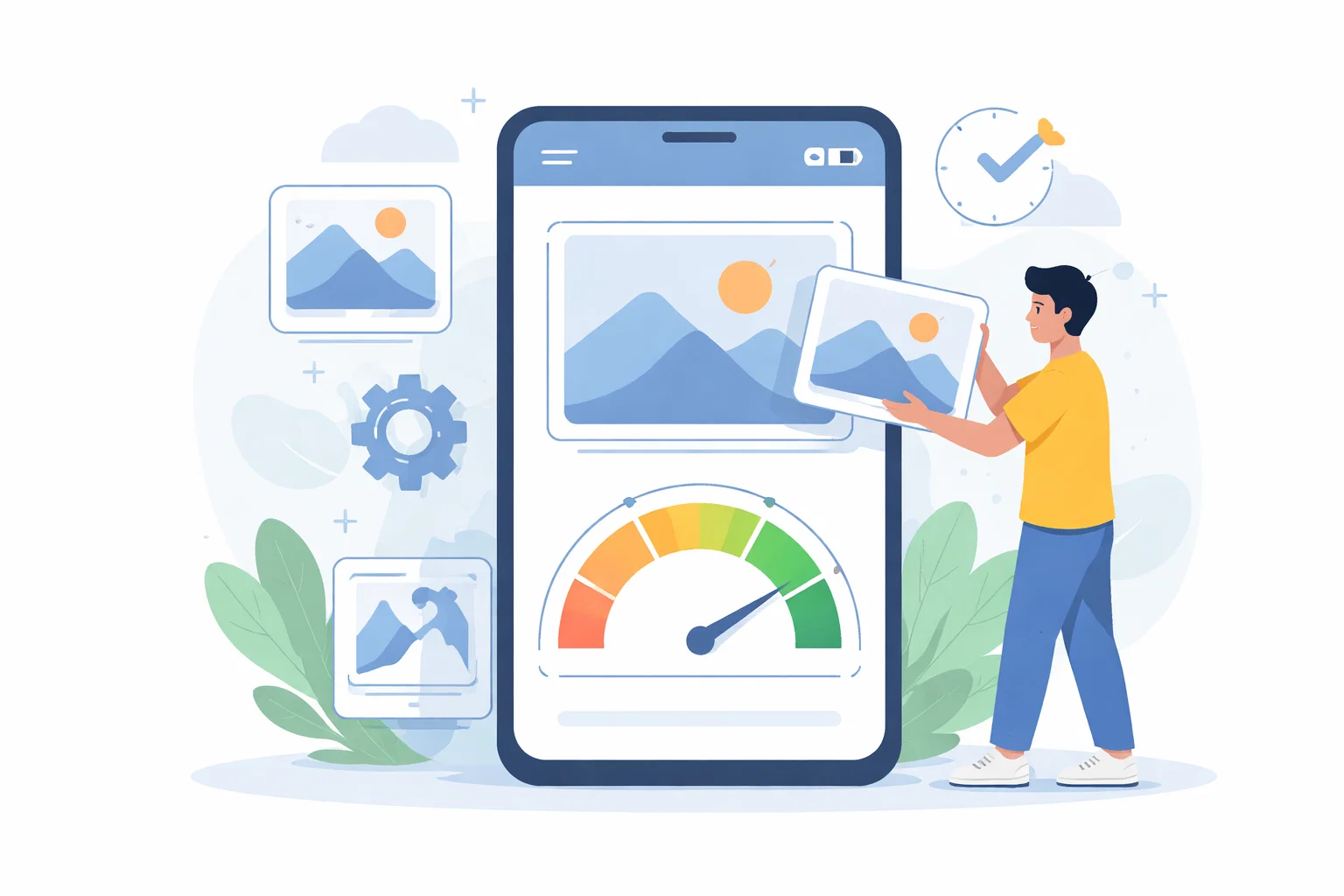 Flat illustration of website performance checks, speed improvements and technical fixes