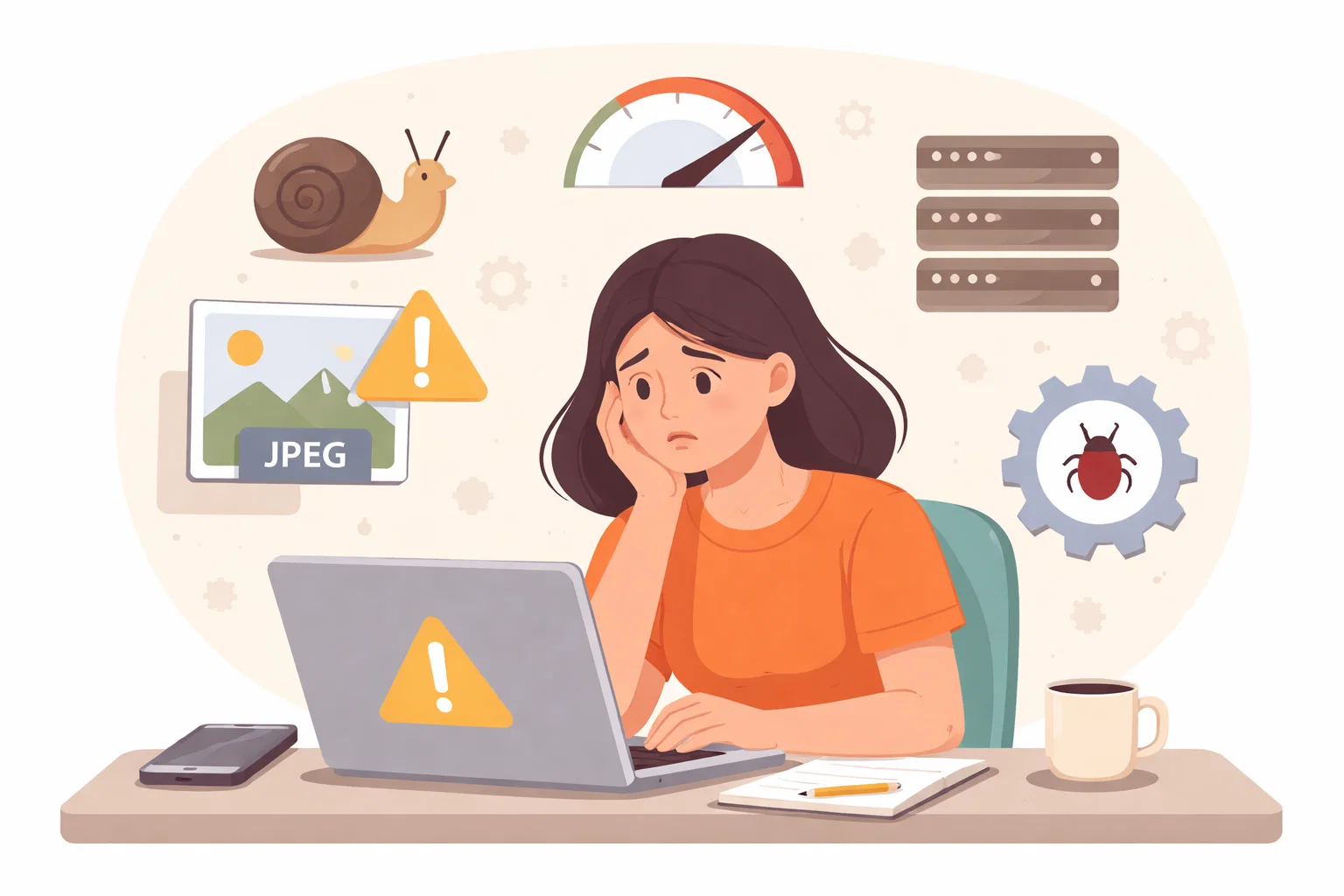 Flat illustration of website performance checks, speed improvements and technical fixes