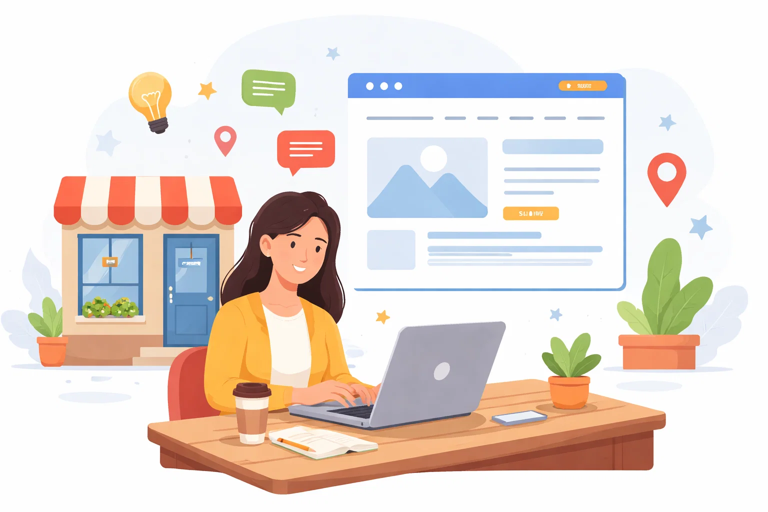 Flat illustration of a small business website with clear sections and simple trust signals