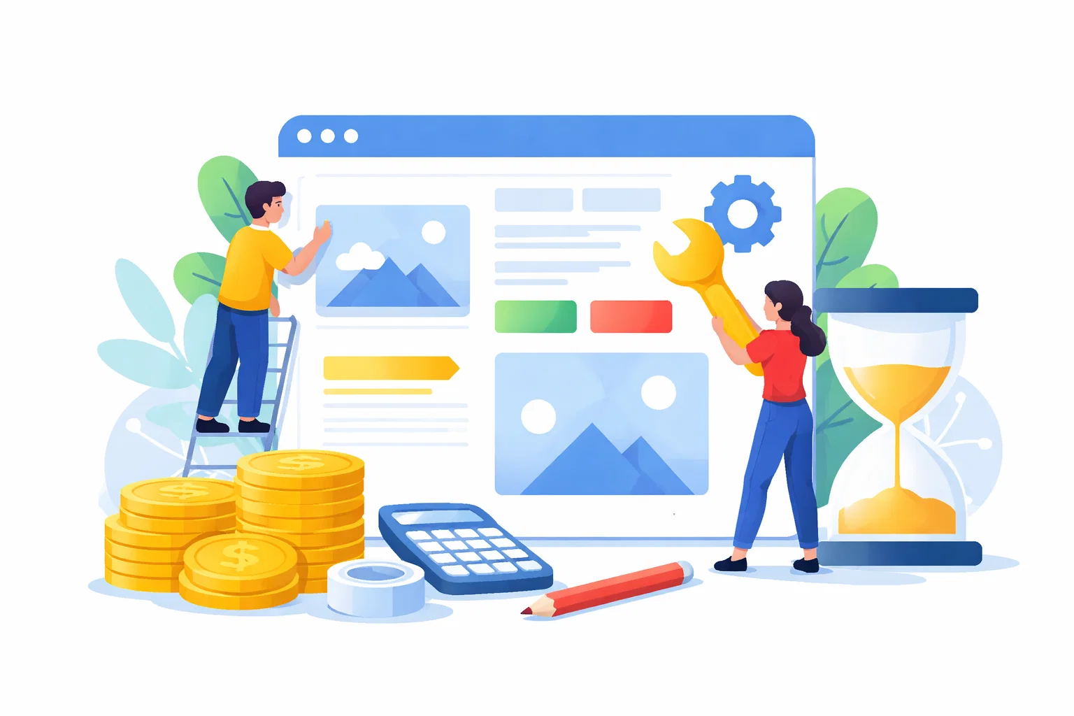 Flat illustration of a small business website with clear sections and simple trust signals