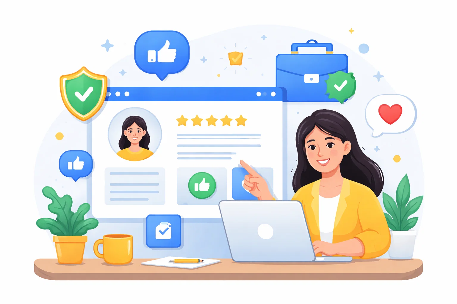 Flat illustration of a small business website with clear sections and simple trust signals