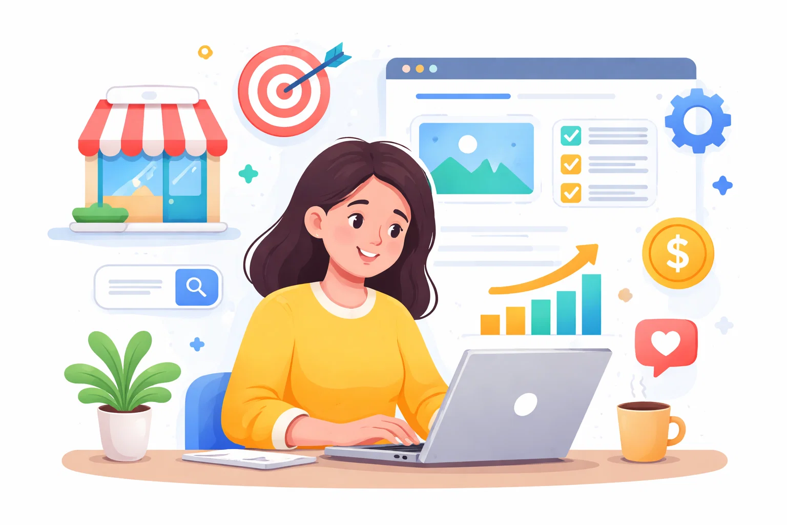 Flat illustration of a small business website with clear sections and simple trust signals