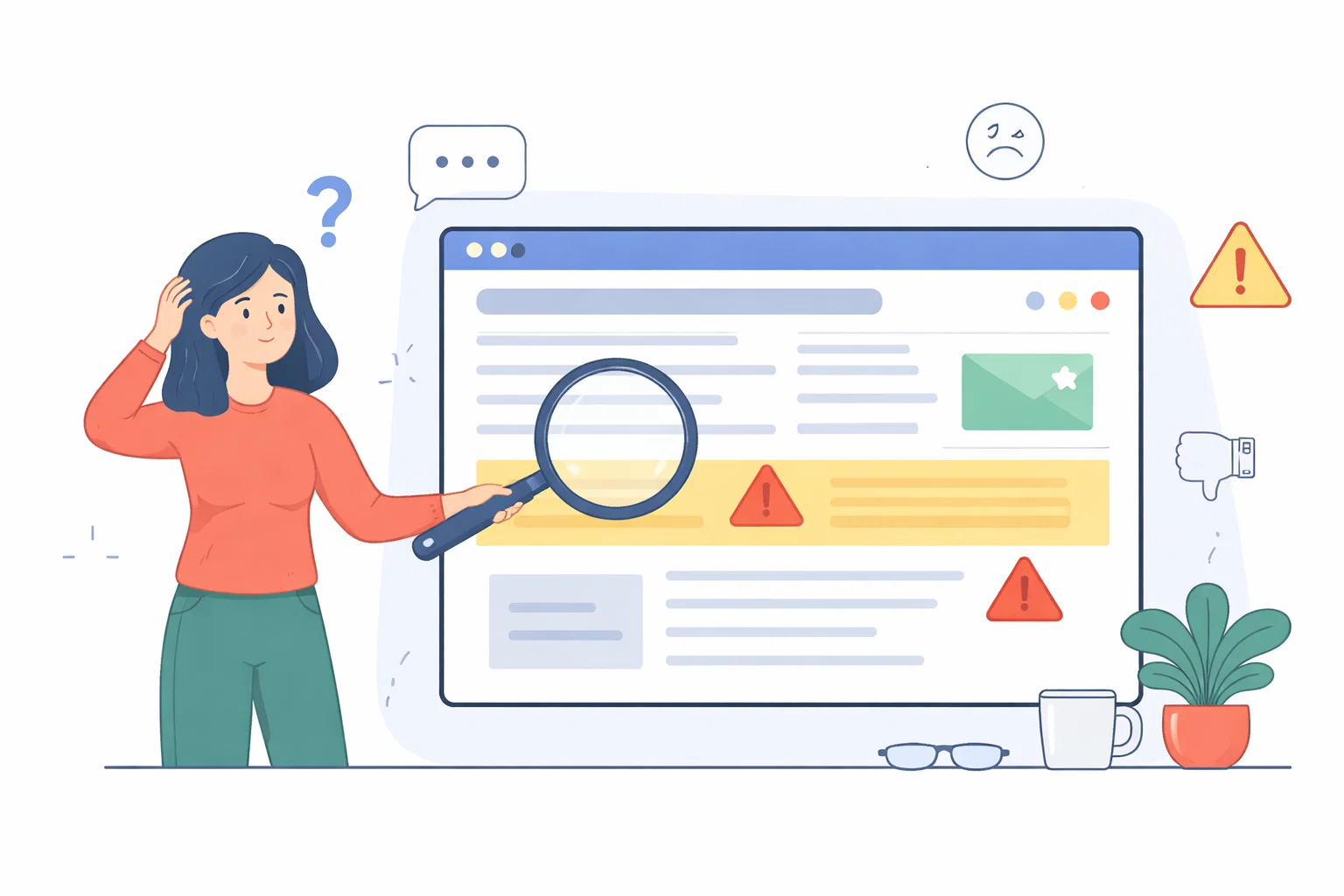 Flat illustration of conversion optimisation with trust signals, page flow and enquiry steps