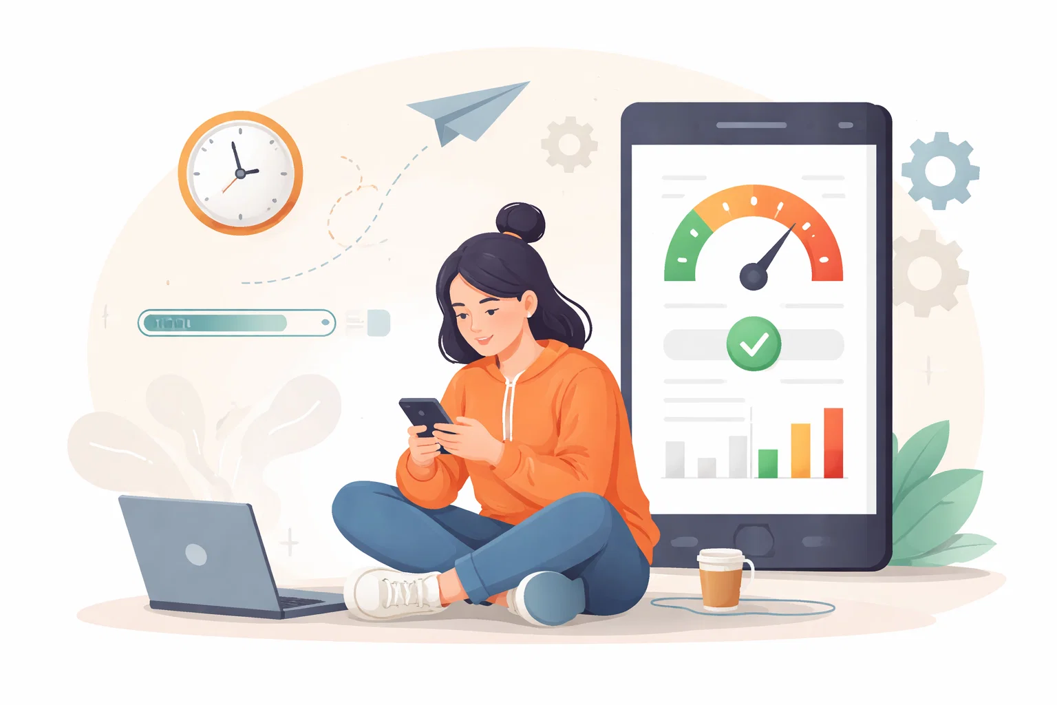 Flat illustration of website performance optimisation, lighter pages and speed checks