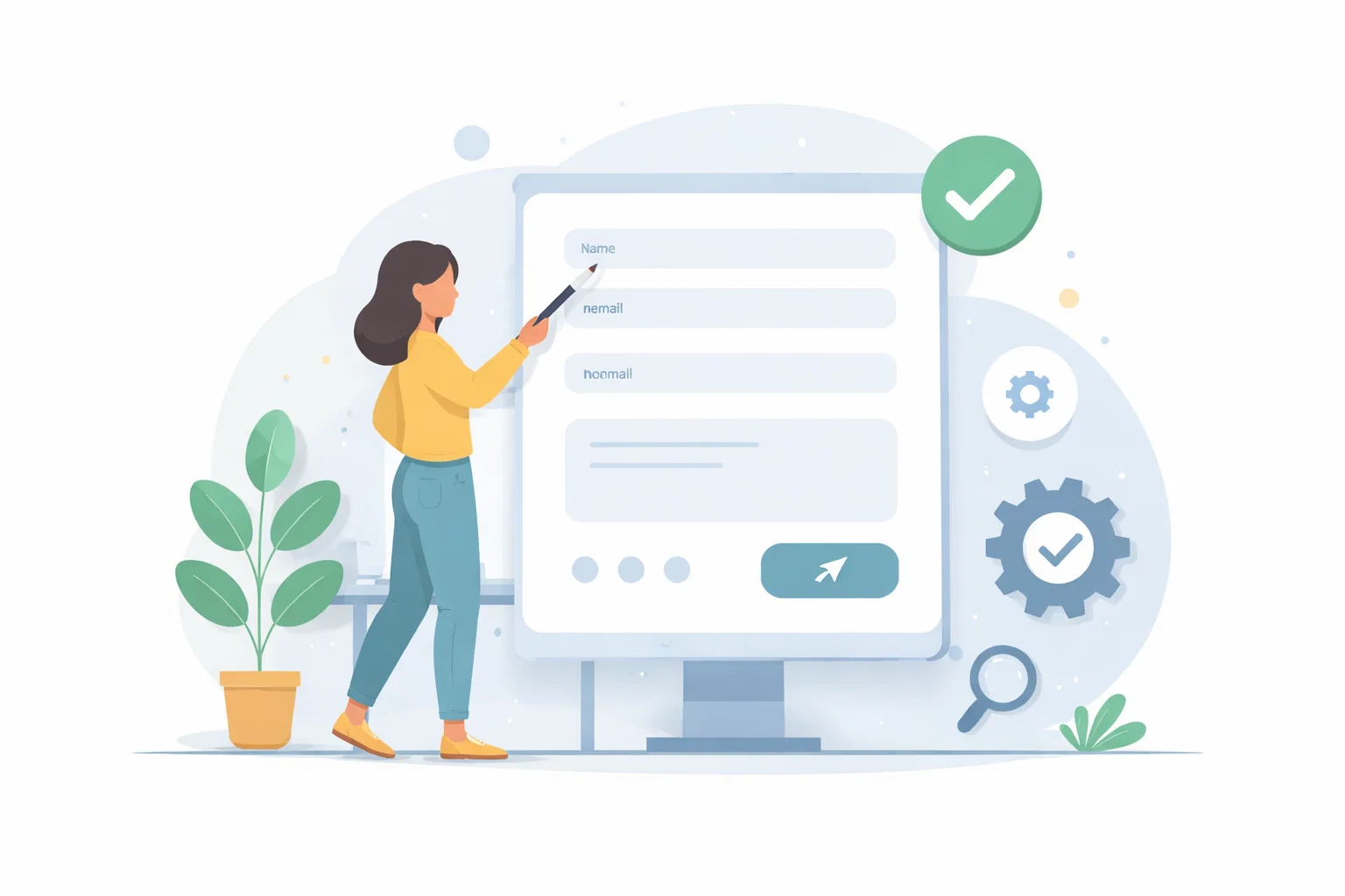Flat illustration of conversion optimisation with trust signals, page flow and enquiry steps