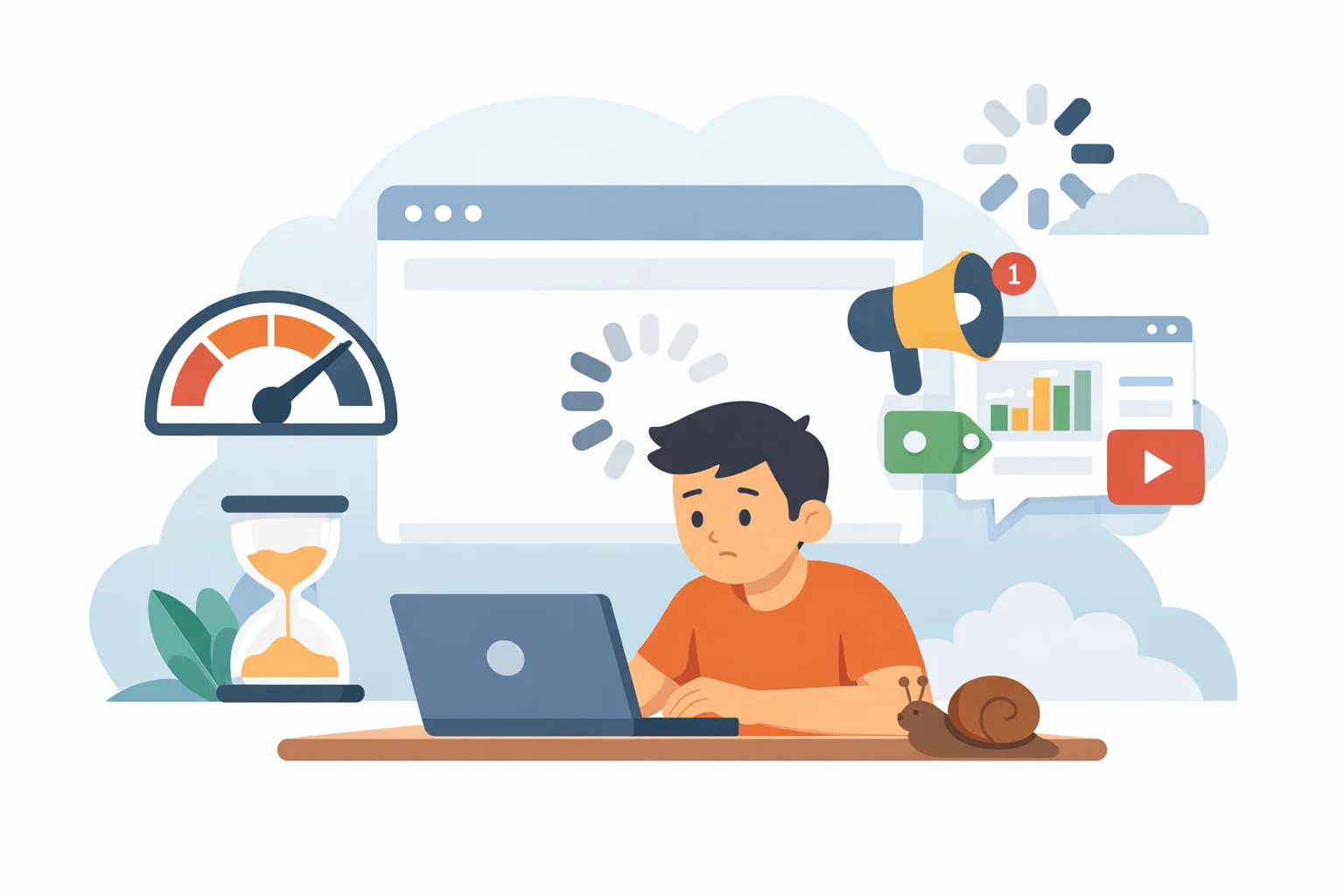 Flat illustration of website performance optimisation, lighter pages and speed checks