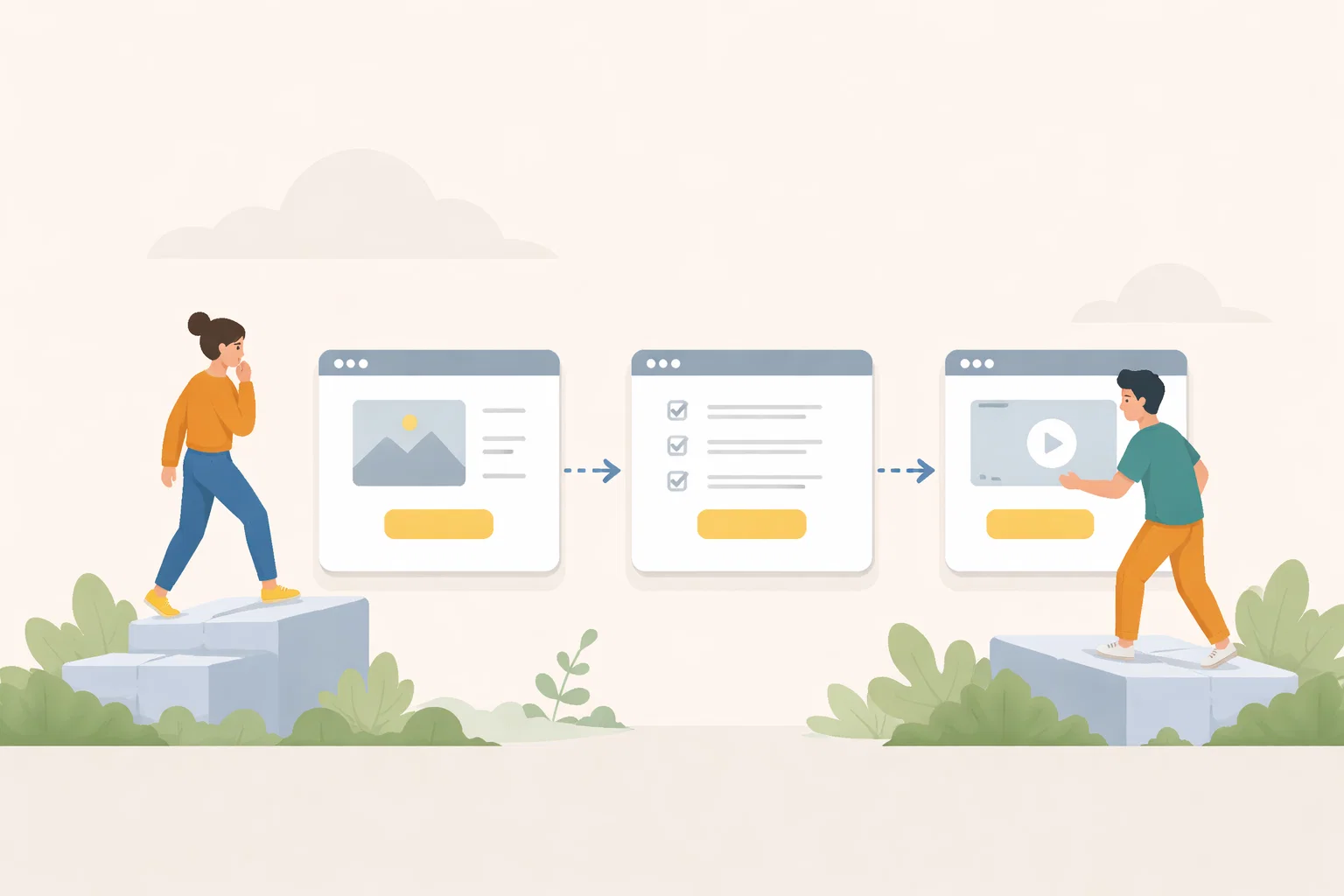 Flat illustration of conversion optimisation with trust signals, page flow and enquiry steps
