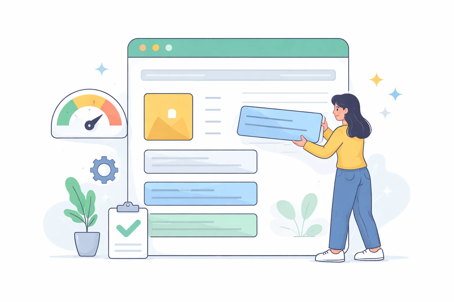 Flat illustration of website performance optimisation, lighter pages and speed checks