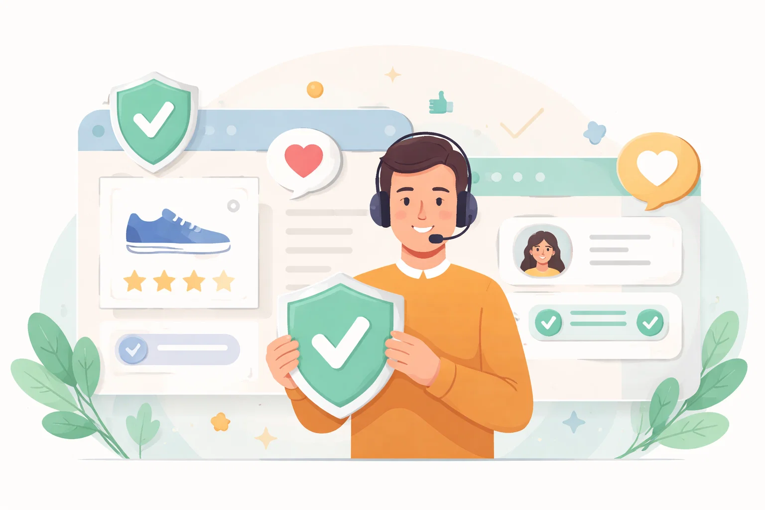 Flat illustration of conversion optimisation with trust signals, page flow and enquiry steps