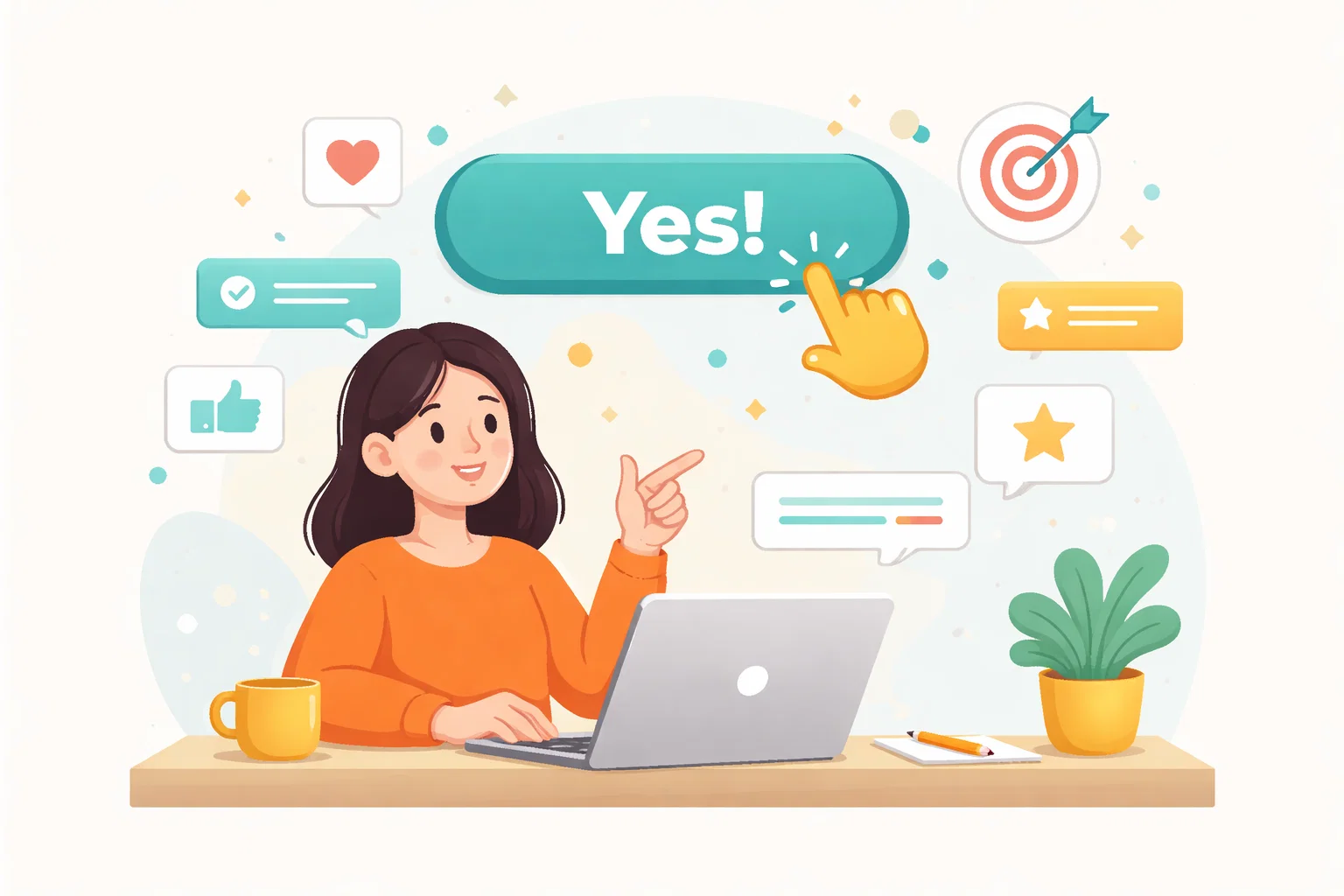 Flat illustration of conversion optimisation with trust signals, page flow and enquiry steps