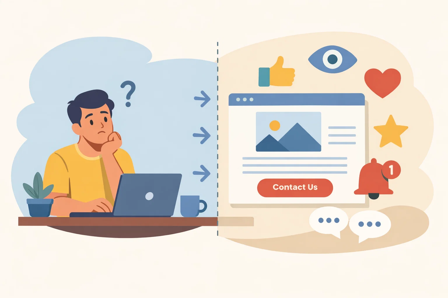 Flat illustration of conversion optimisation with trust signals, page flow and enquiry steps