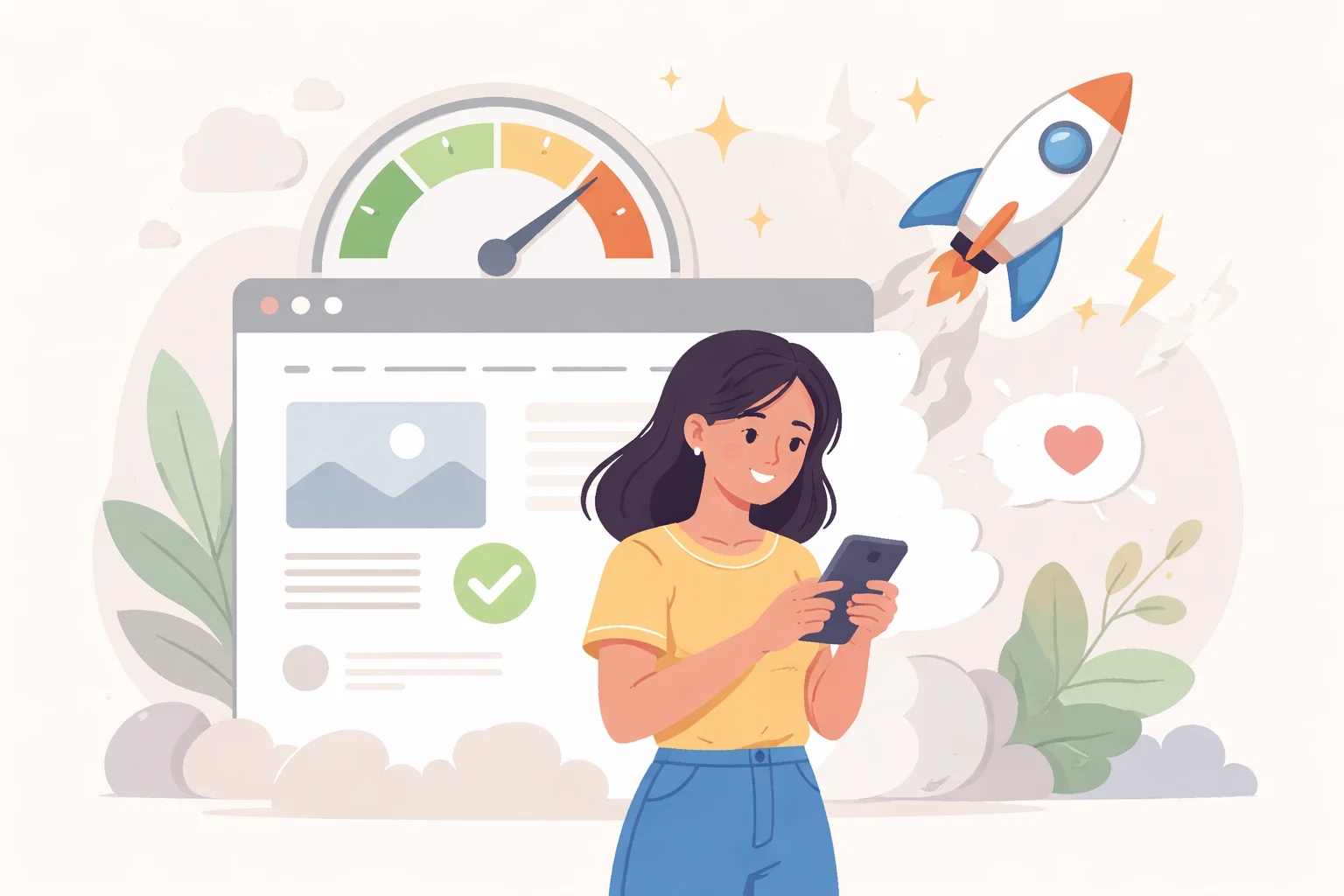 Flat illustration of website performance optimisation, lighter pages and speed checks