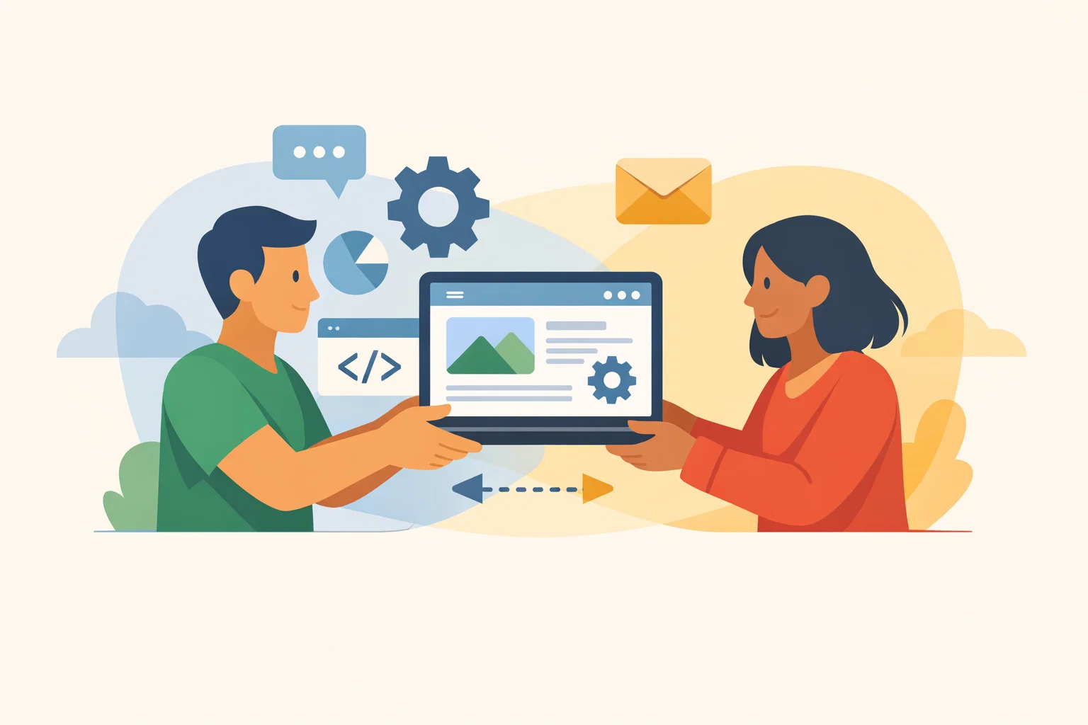 Flat illustration of website care planning, maintenance checks and ongoing support