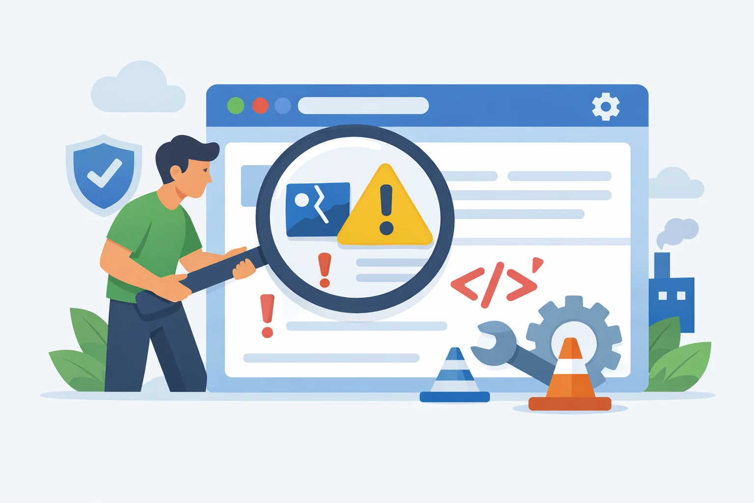 Flat illustration of a website health audit with review notes and priority markers