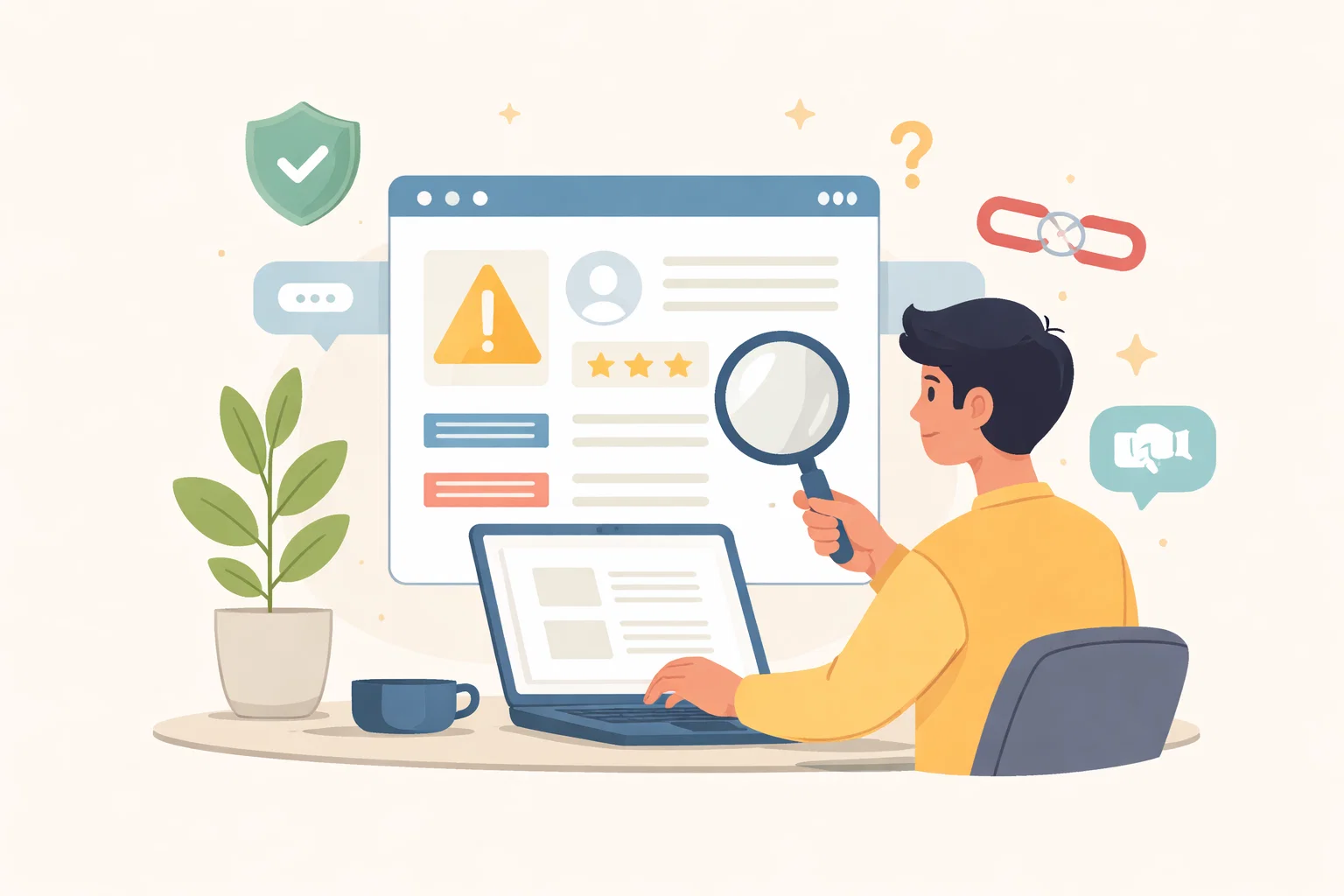 Flat illustration of a website health audit with review notes and priority markers