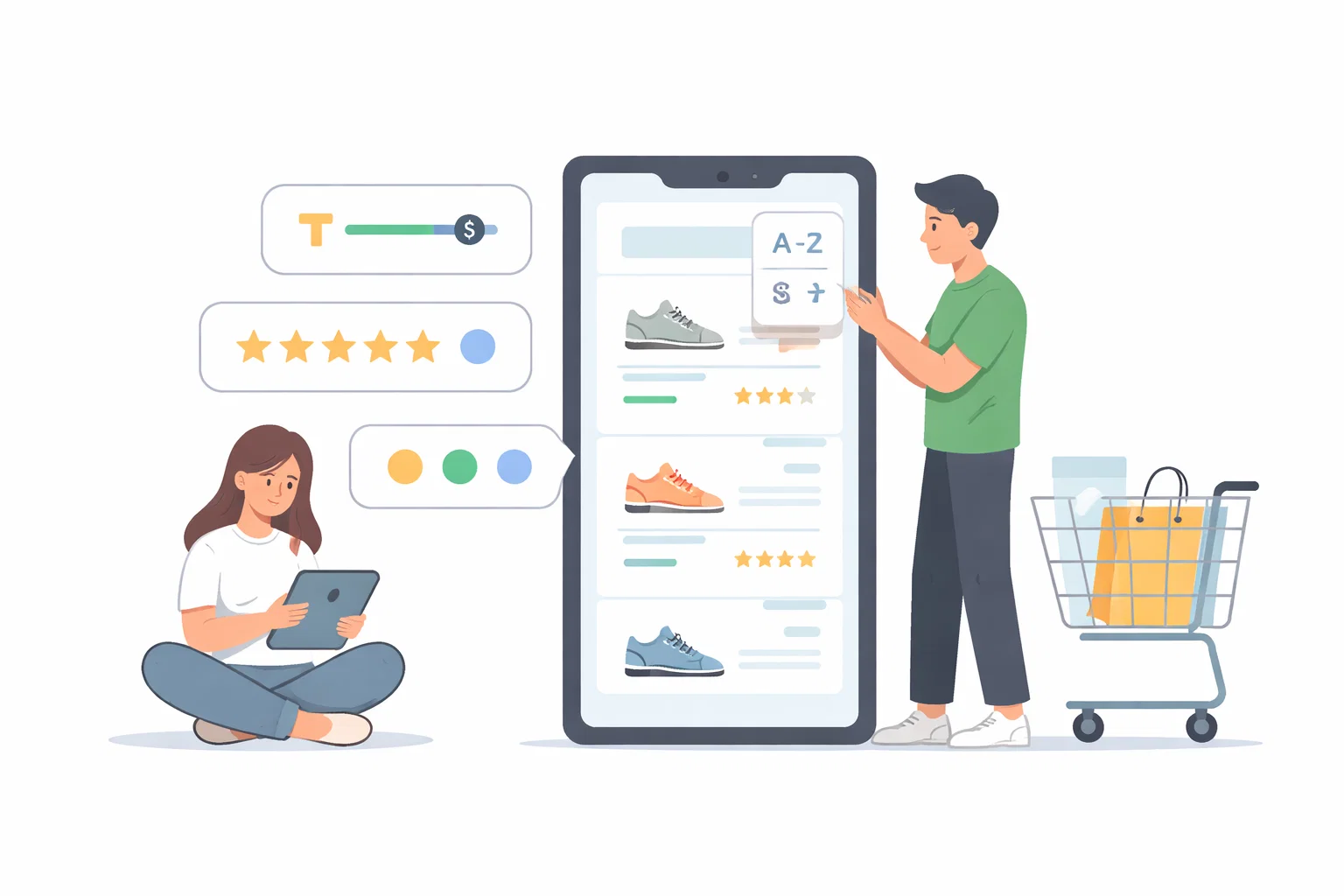 Flat illustration of ecommerce filters and sorting controls aligned with real buying decisions