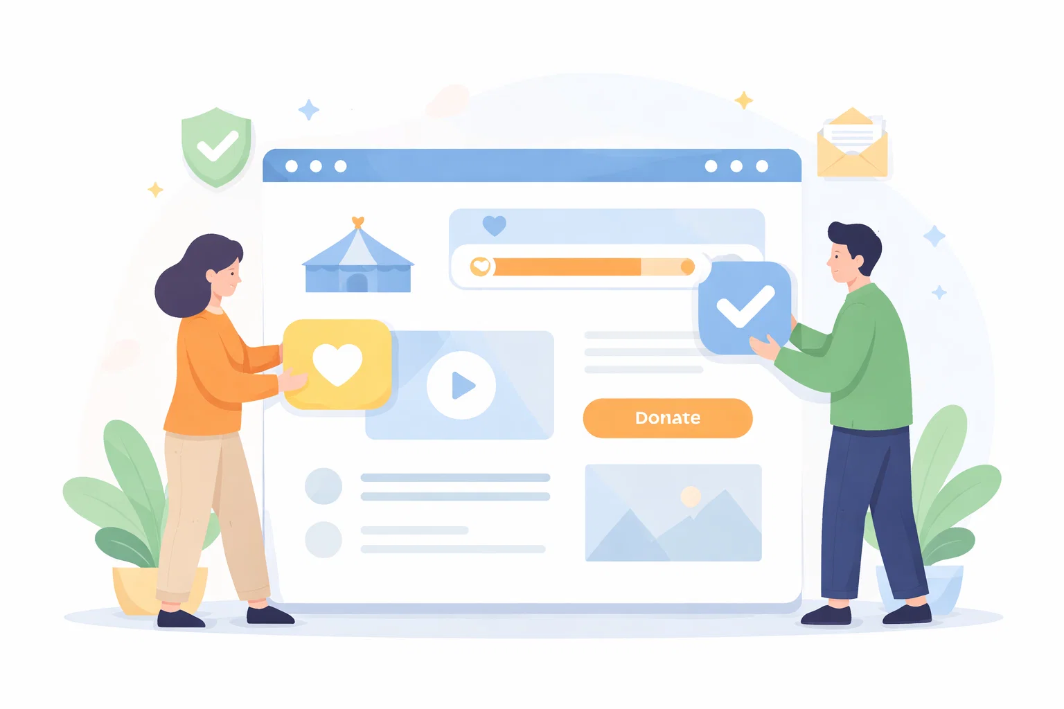 Flat illustration of a charity fundraising page with event details, trust markers and a donation path