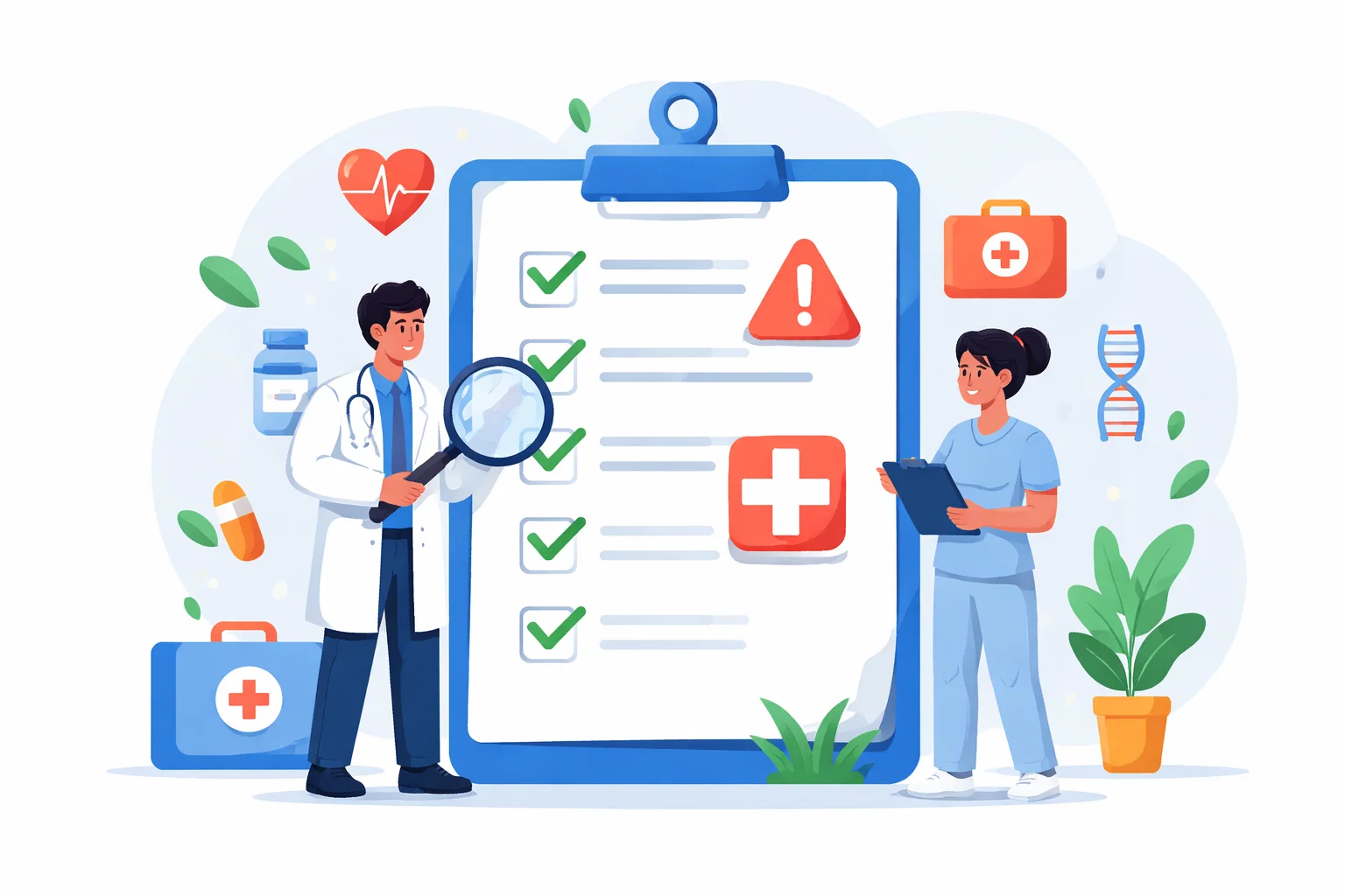 Flat illustration of a website health audit with review notes and priority markers