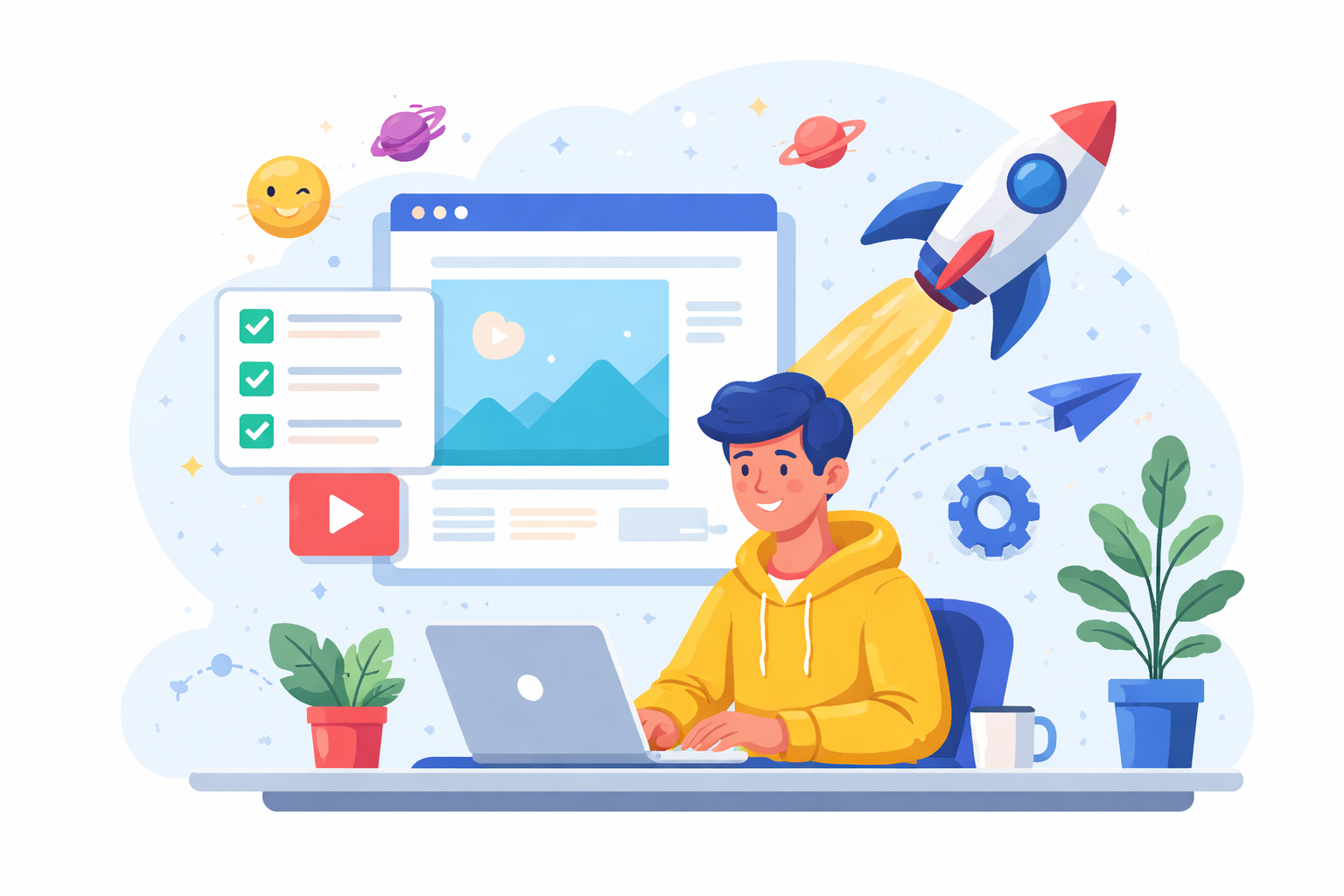 Flat illustration of a publishing workflow at a desk with a laptop and launch card