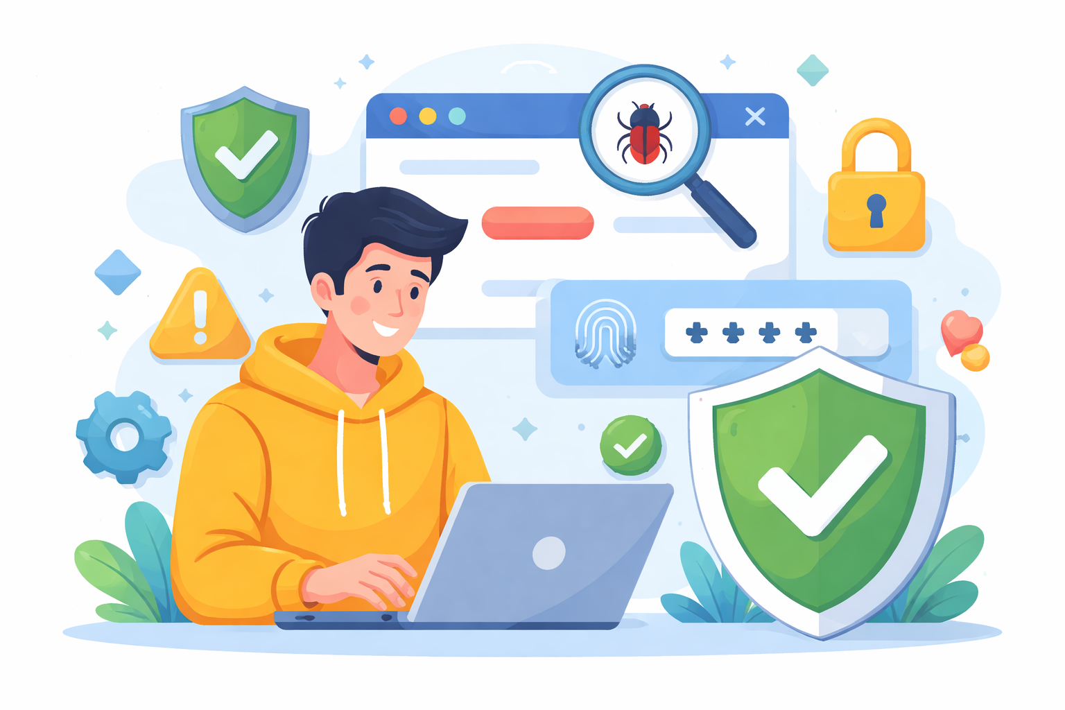 Flat illustration of browser security tools on a workspace with a shield card