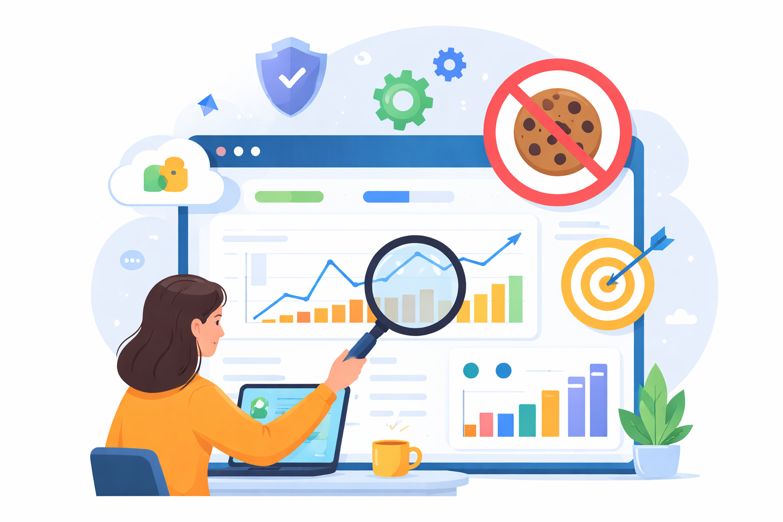Flat illustration of privacy-friendly analytics with charts and a crossed cookie