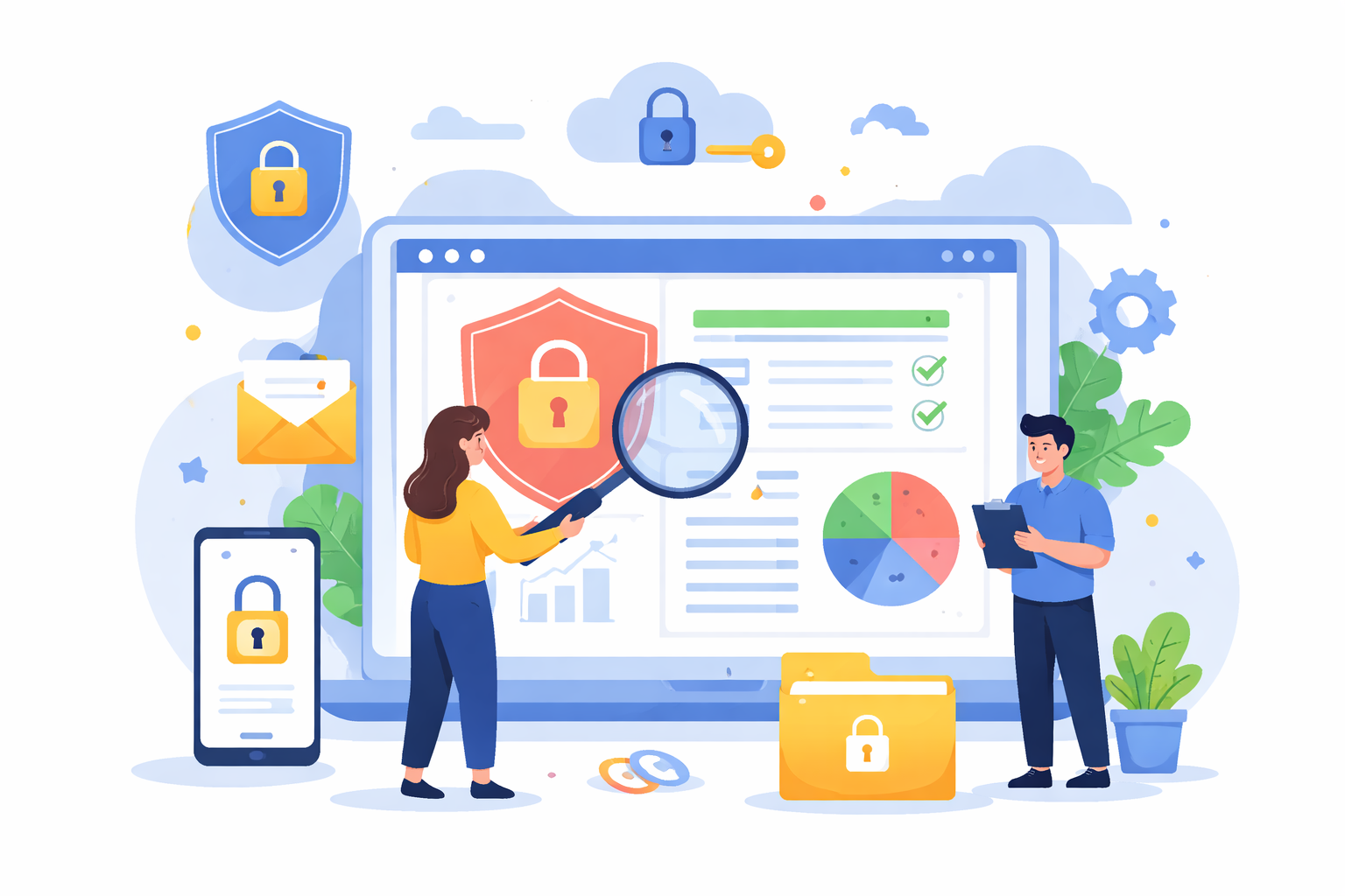 Flat illustration of a privacy audit with a report and magnifying glass