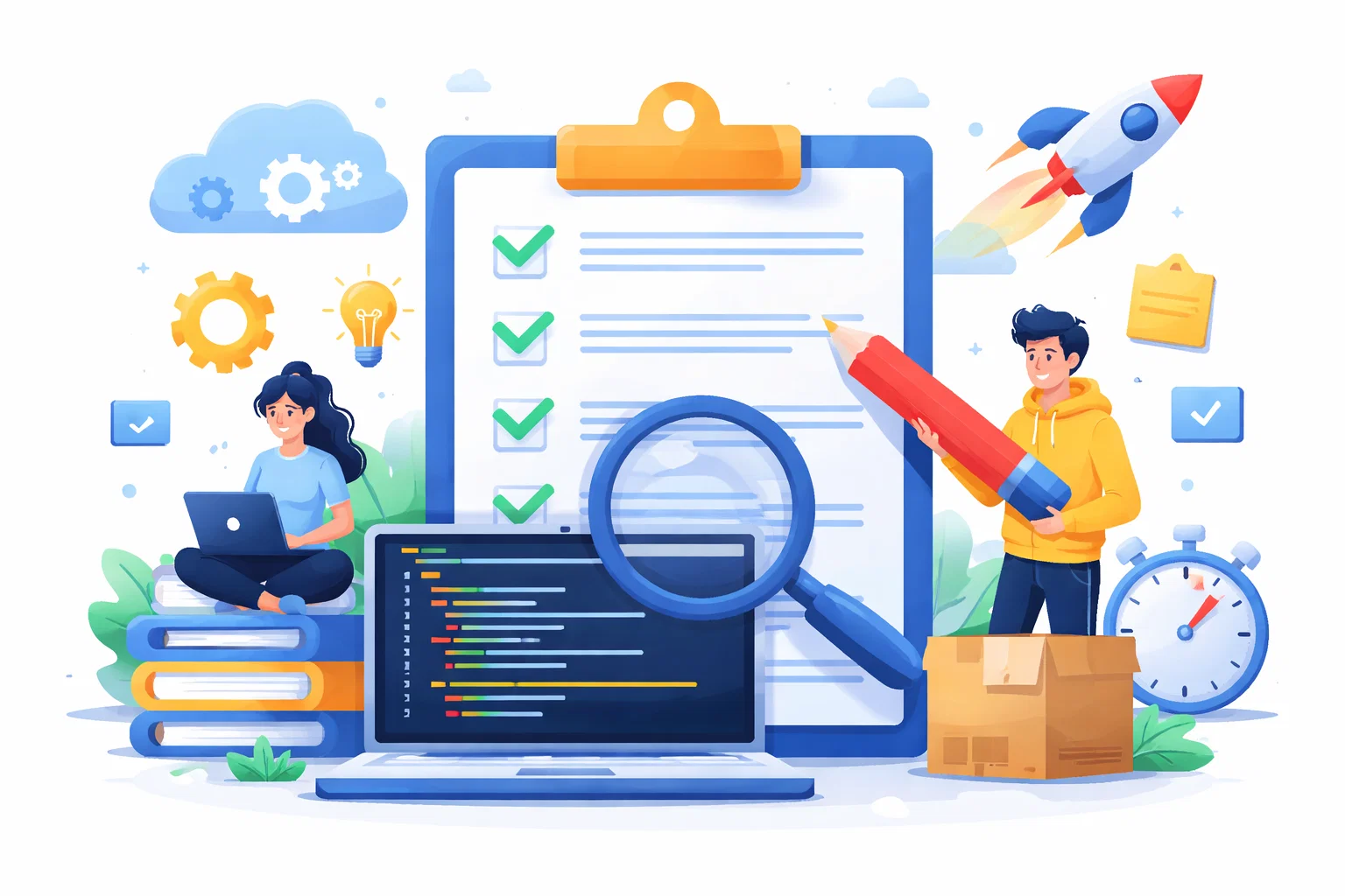 Flat illustration of a developer checking a launch checklist at a desk