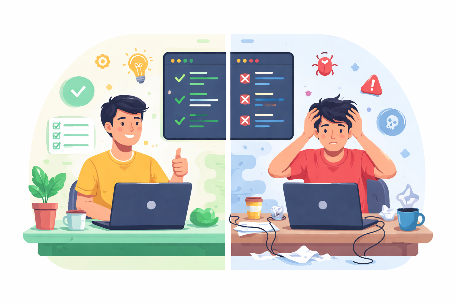 Flat illustration comparing clear coding habits with a cluttered workflow