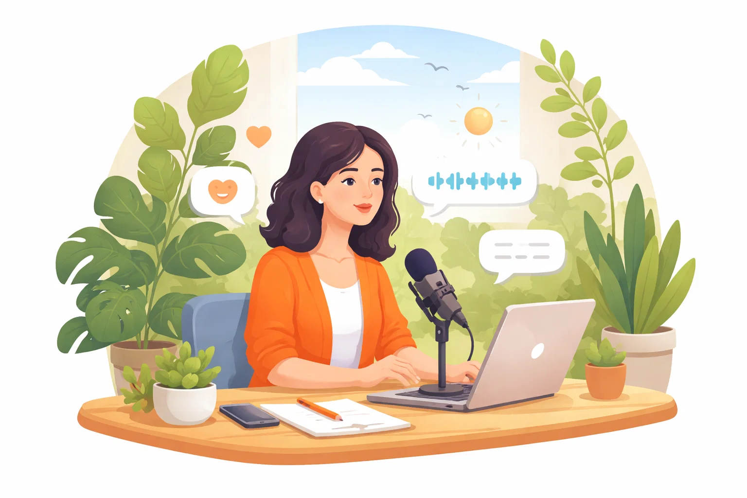 Flat illustration of a writer shaping friendly website copy with speech cards