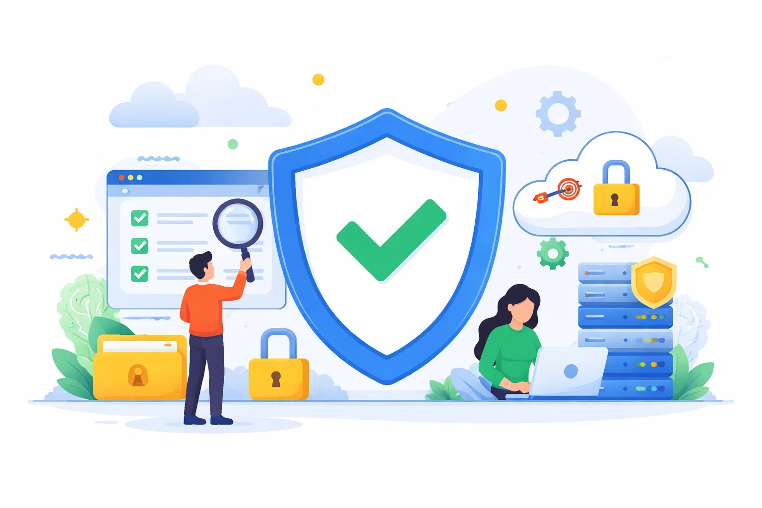 Flat illustration of a security audit review with a report board and checklist