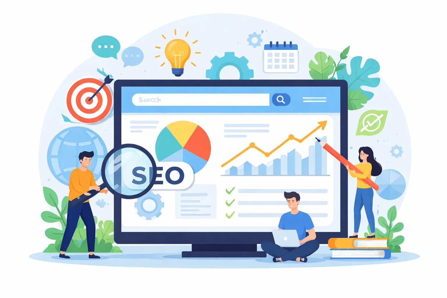 Flat illustration of SEO research with search results and a magnifying glass