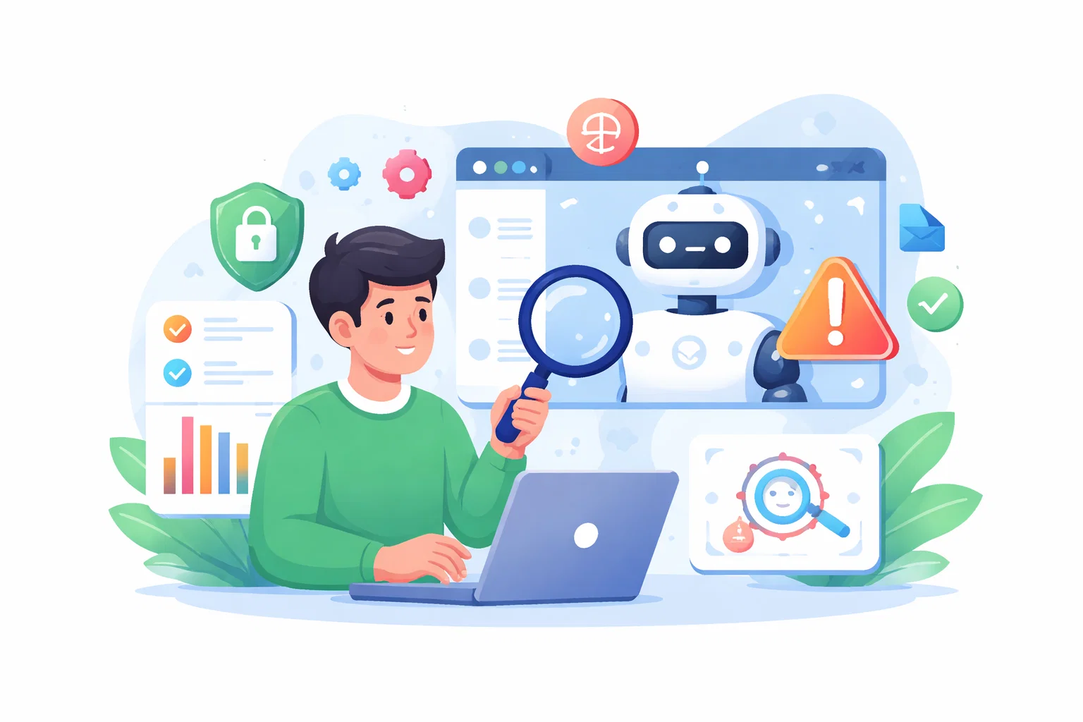 Flat illustration of a person examining suspicious messages on a board