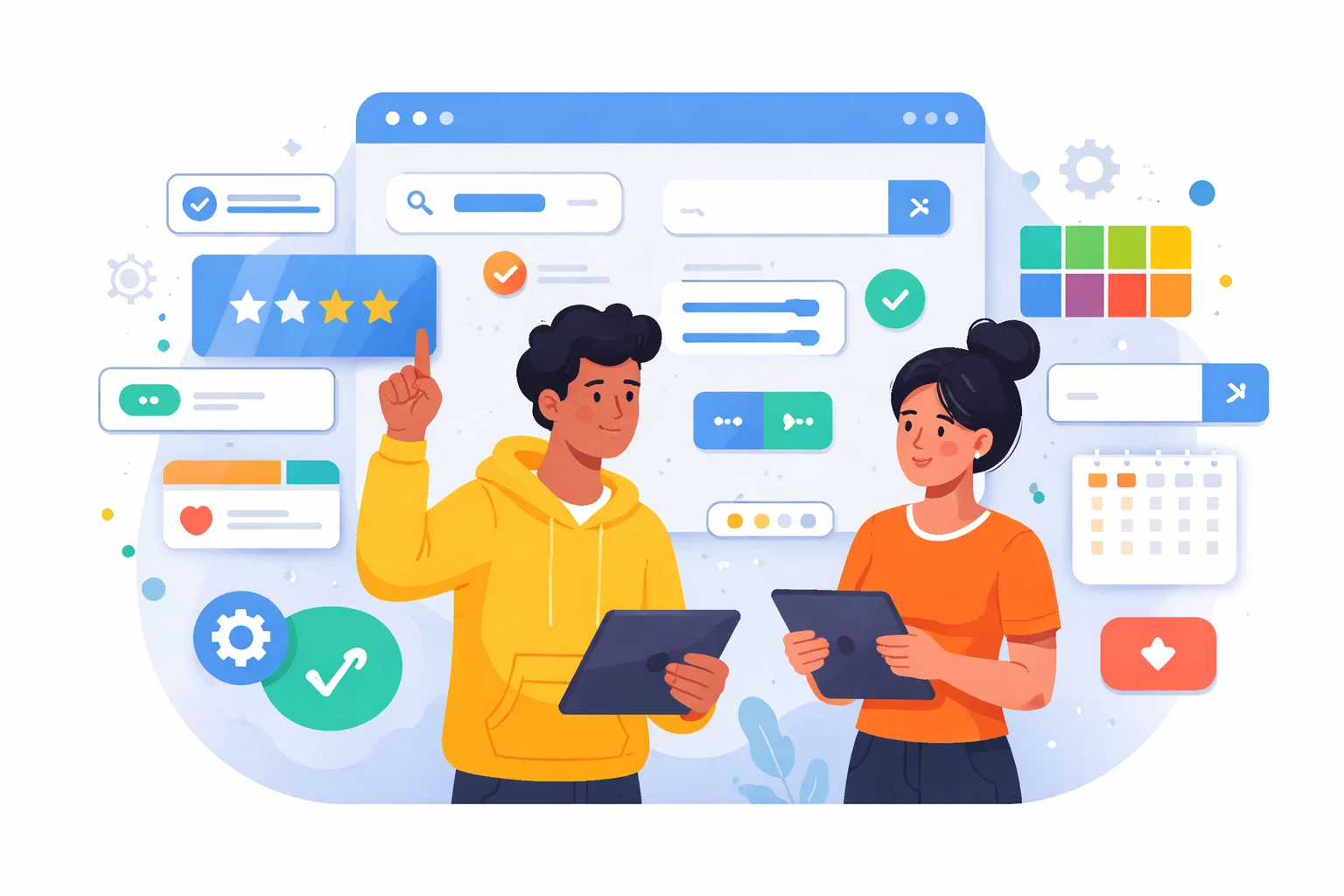 Flat illustration of a designer arranging interface components on a board
