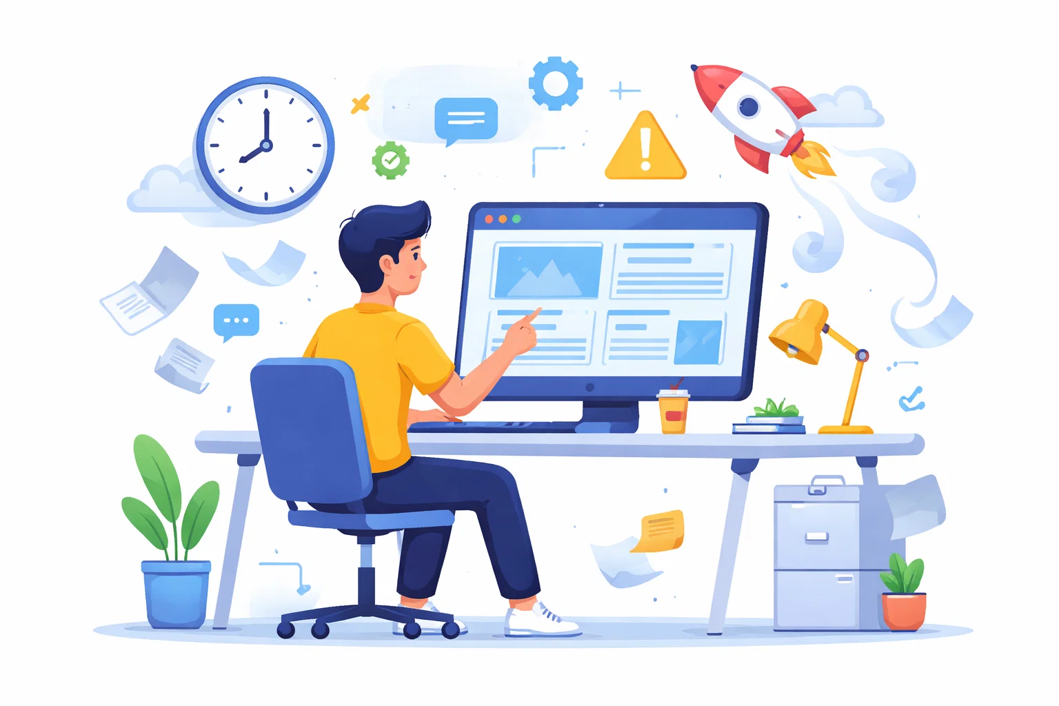 Flat illustration of urgent website work at a desk with a clock and laptop